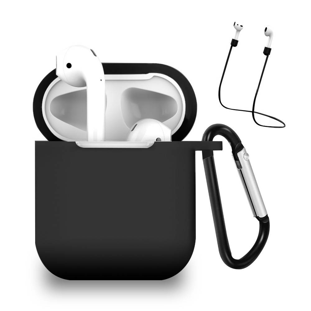 Silicone Protective Case and Anti-Lost Strap for Apple AirPods - Black