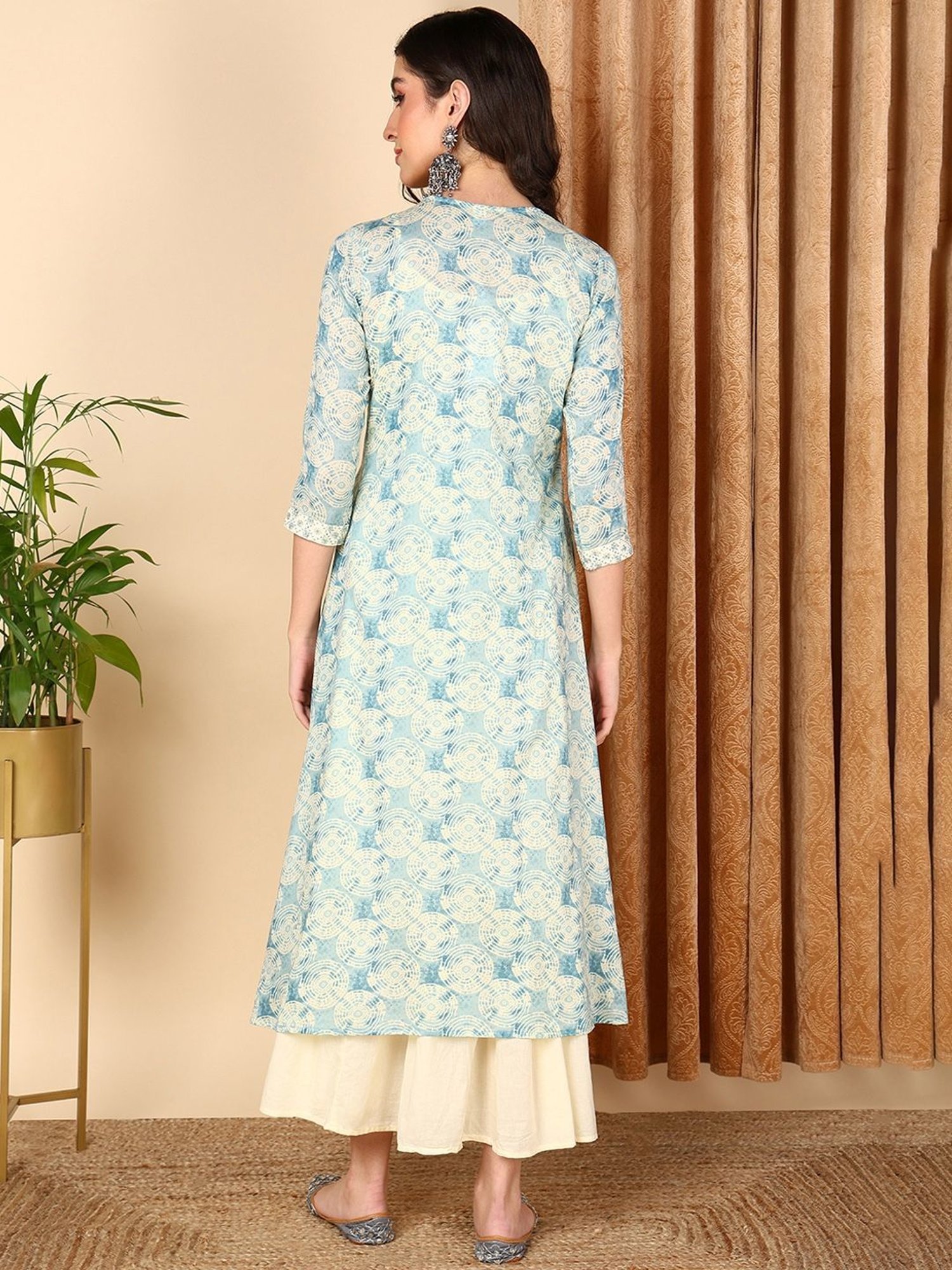 Vaamsi Blue Cotton Printed A-Line Dress With Jacket