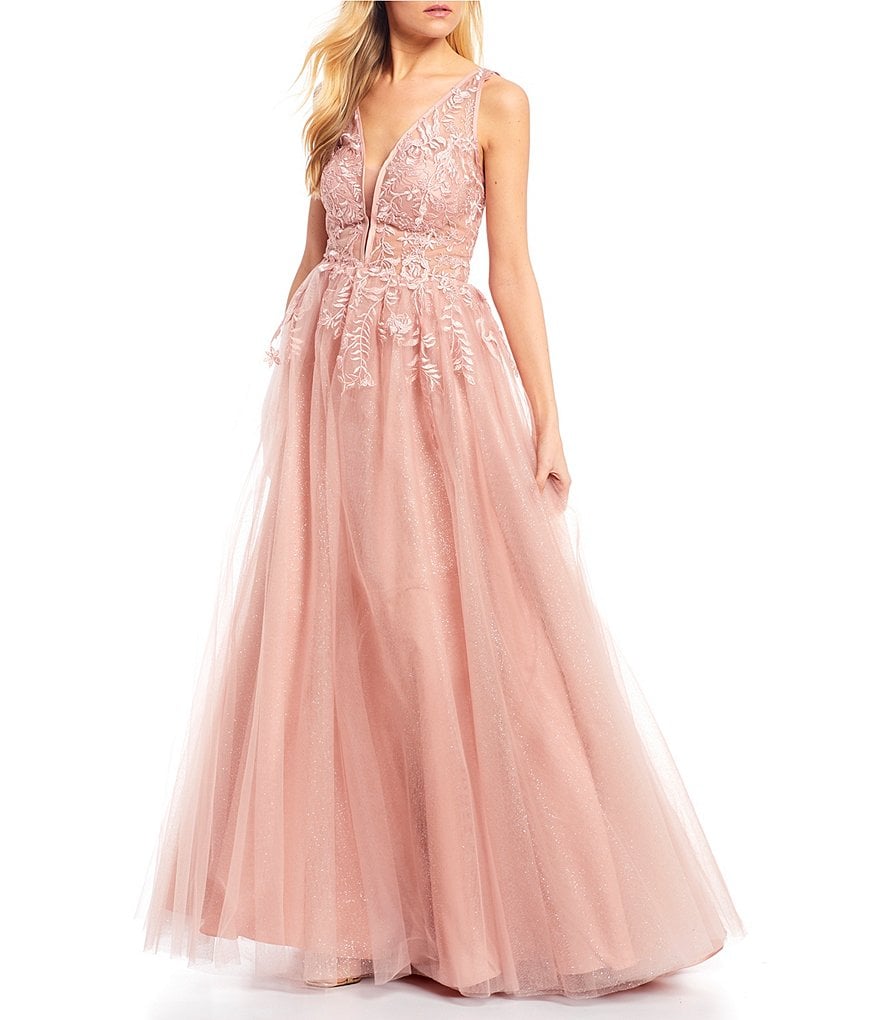 Coya Collection Sleeveless Plunging V-Neck Embroidered Lace Tulle Ball Gown