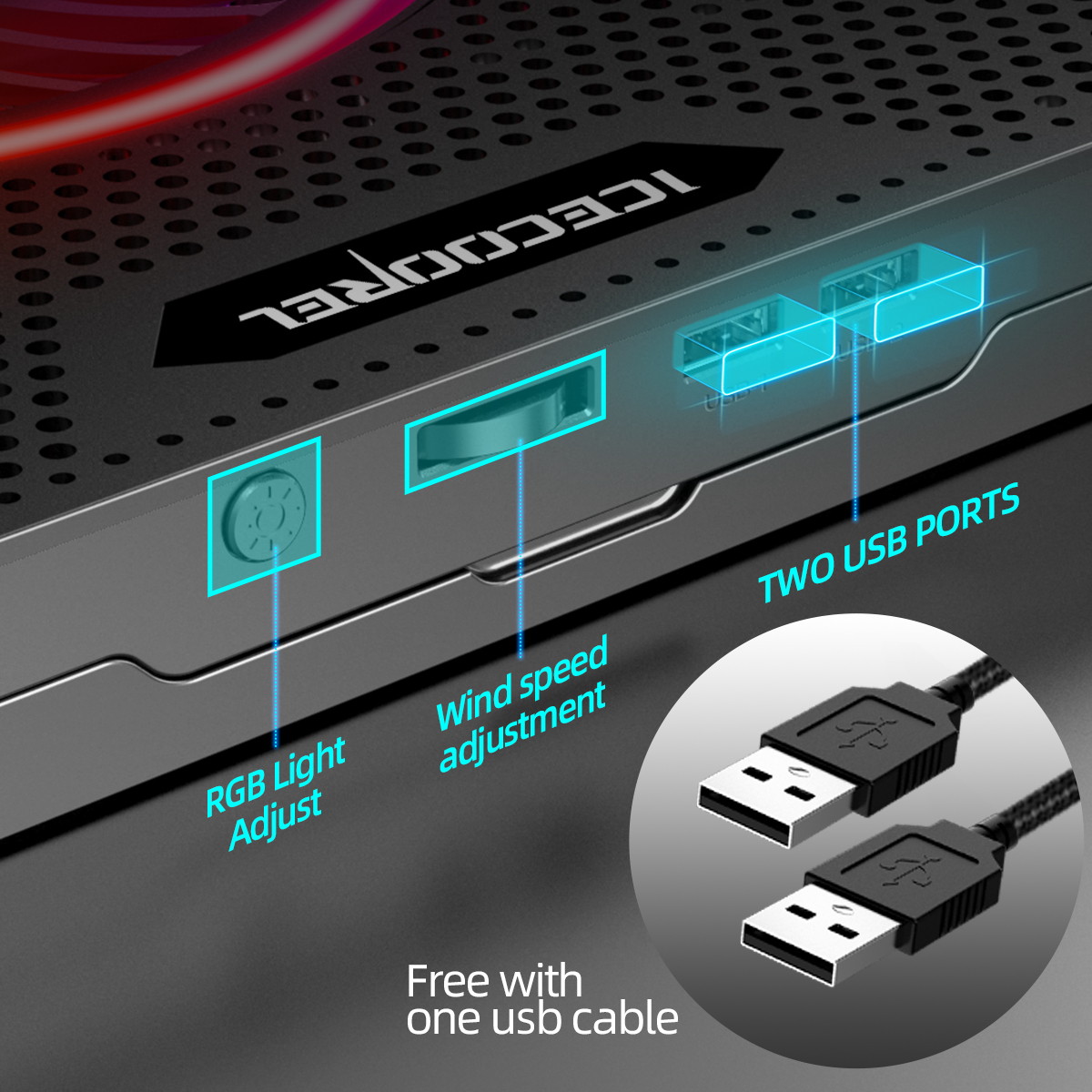 ICE COOREL RGB Laptop Cooling Pad 15-17.3", Gaming Laptop Cooler Pad with 5 Quiet Fans, Laptop Cooling Stand with 5 Height Adjustable, Cooling Fan for Laptop Two USB Ports, The Wind Speed Adjustable