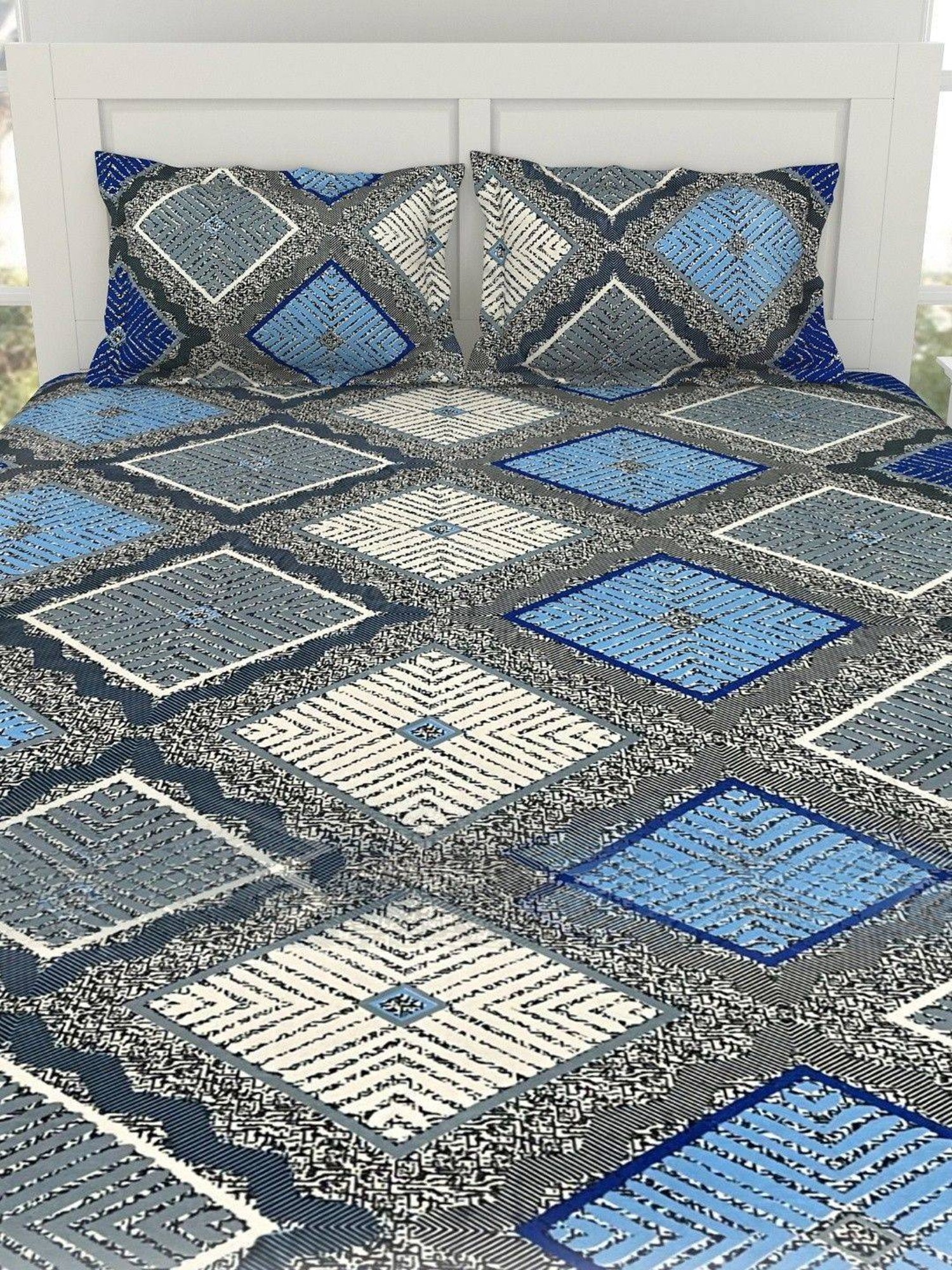 Welspun Block Print Navy Blue Microfiber Double Bedsheet with 2 Pillow Covers