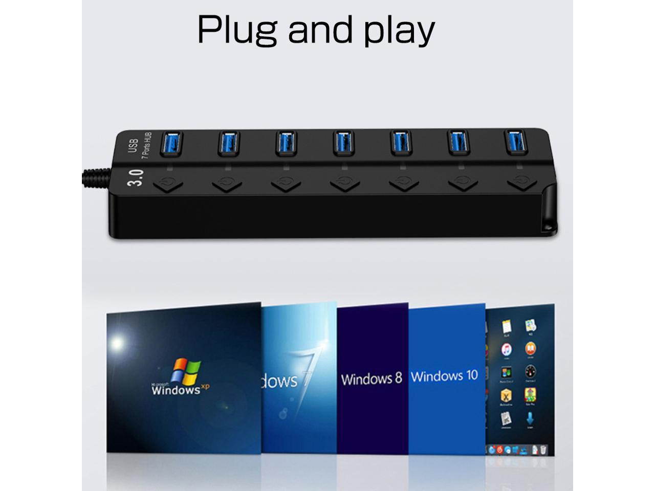 10pcs*Powered USB Hub 3.0, Vicabo 7-Ports USB Data Hub Splitter with One Smart Charging Port and Individual On/Off Switches Power LED and 5V Power Adapter black