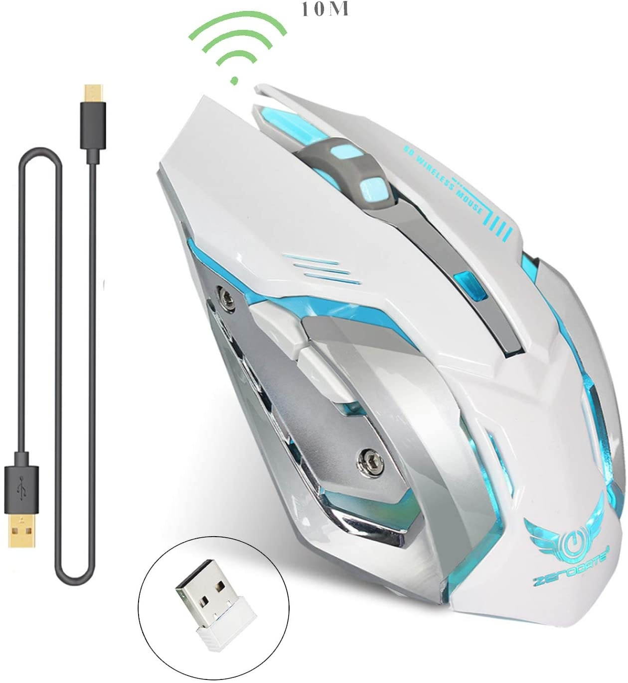 Rechargeable 2.4Ghz Wireless Gaming Mouse with USB Receiver7 Colors Backlit for MacBook Computer PC Laptop (600Mah Lithium Battery) (White)