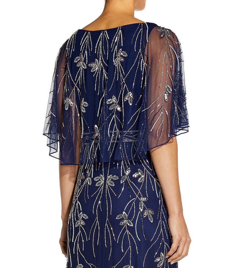 Aidan Mattox Flutter Sleeve Floral Beaded A-Line Gown