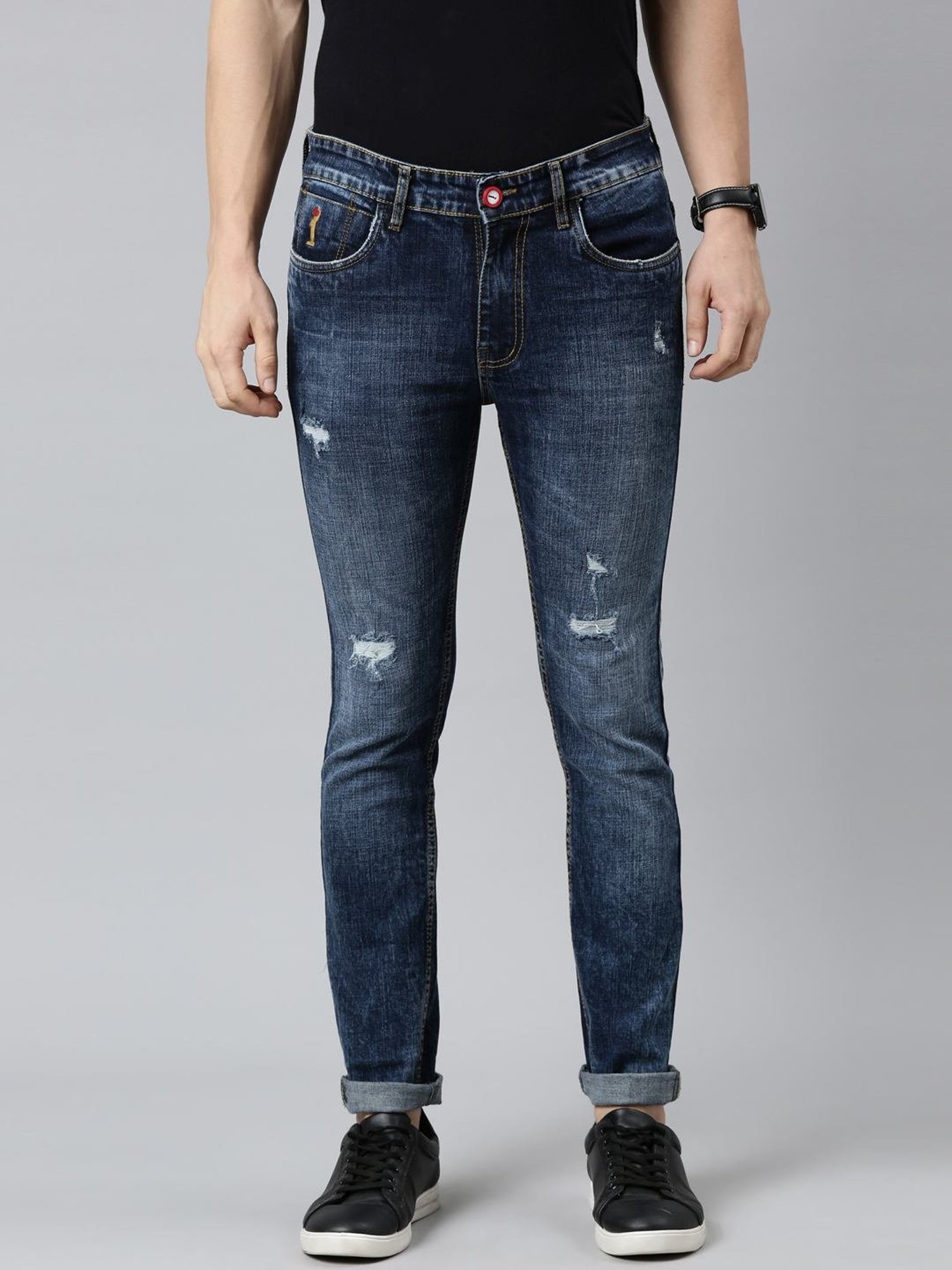 CINOCCI Blue Cotton Slim Fit Distressed Jeans