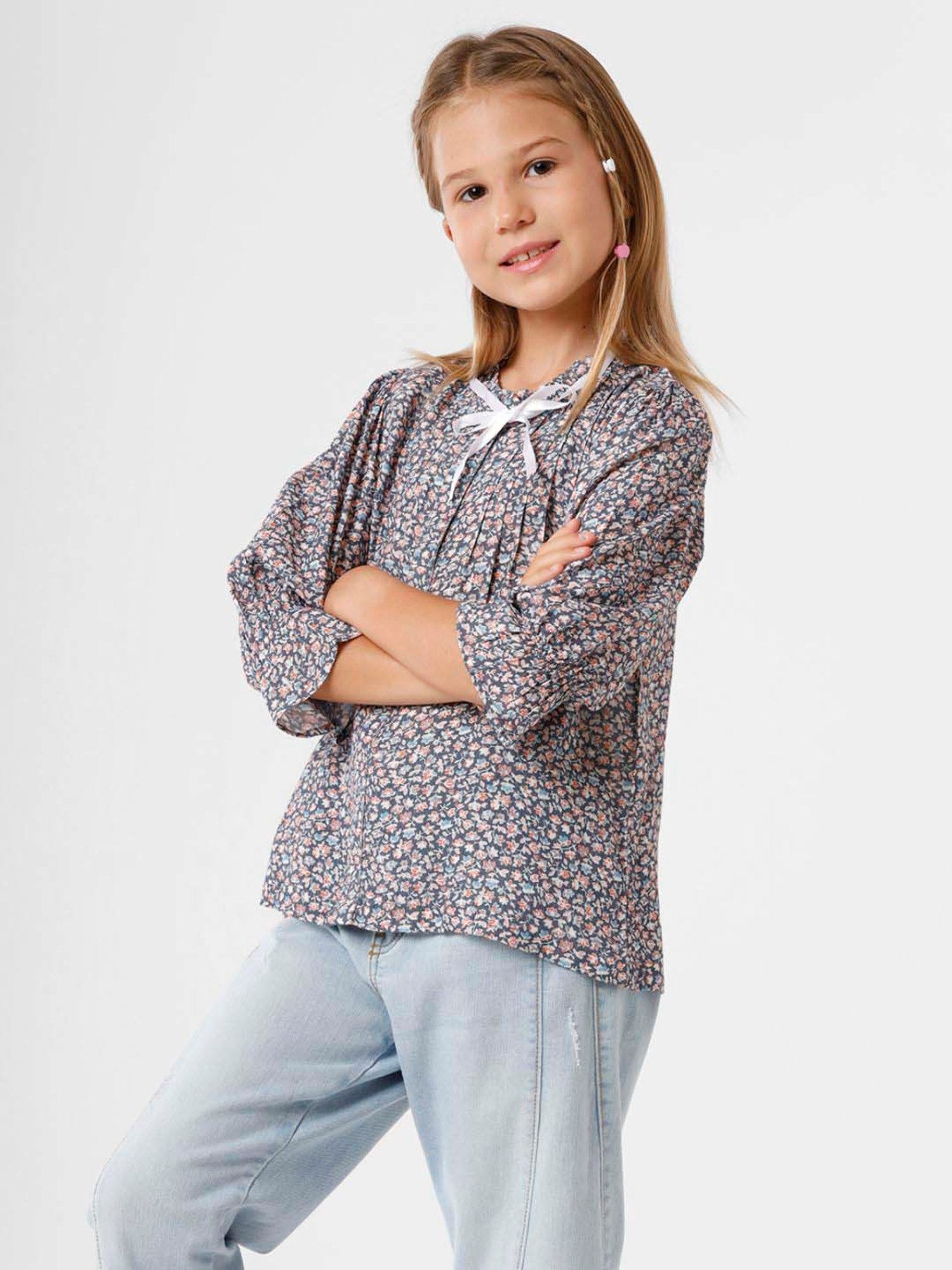 Kate & Oscar Kids Blue Cotton Floral Print Top