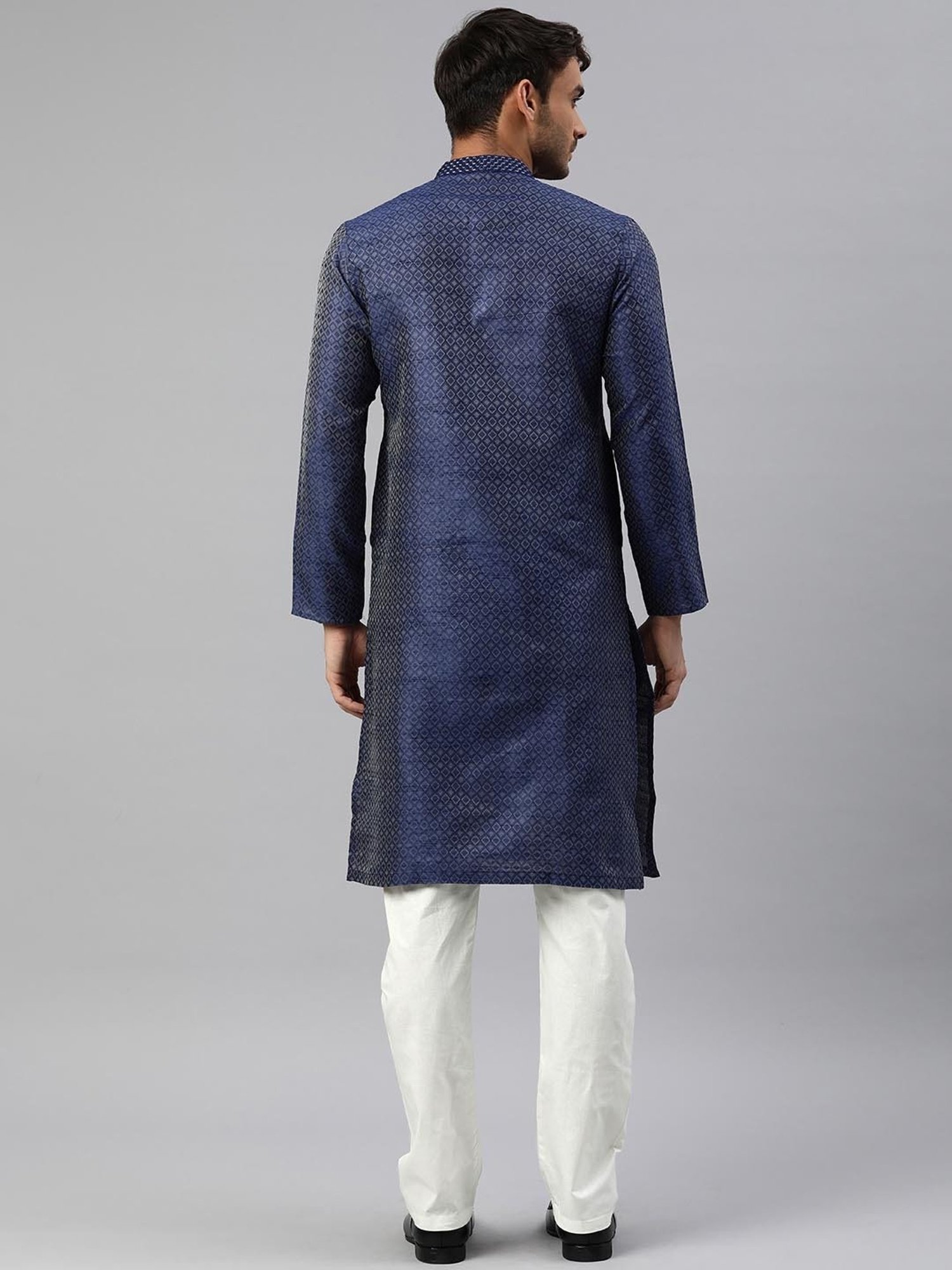 Manthan Dark Blue & White Regular Fit Self Design Kurta & Churidar Set