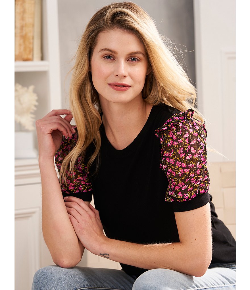 CeCe Ditsy Round Neck Floral Puff Sleeve Knit Top