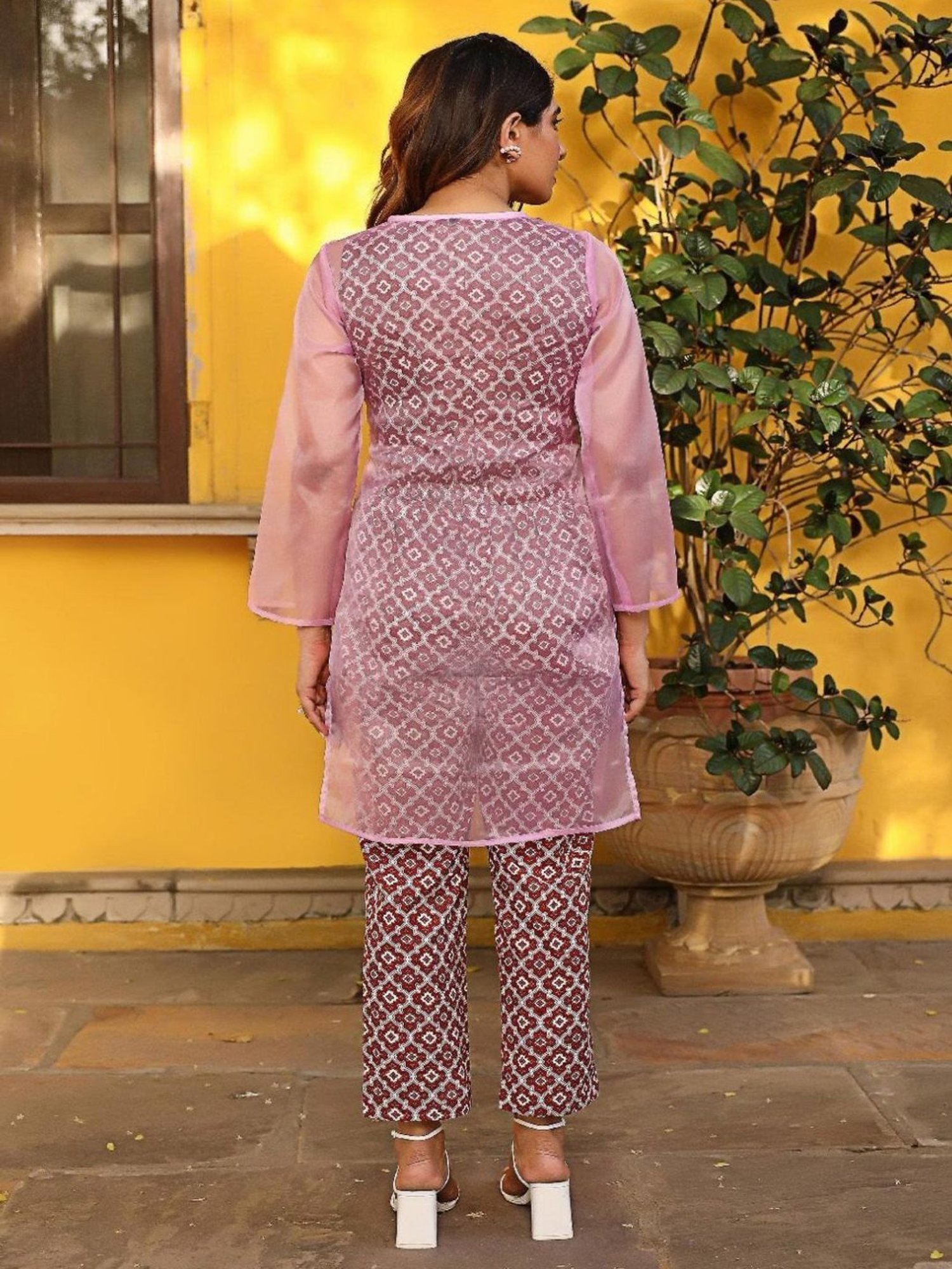 Thread and Button Baby Pink & Red Organza Kurta with Jumpsuit