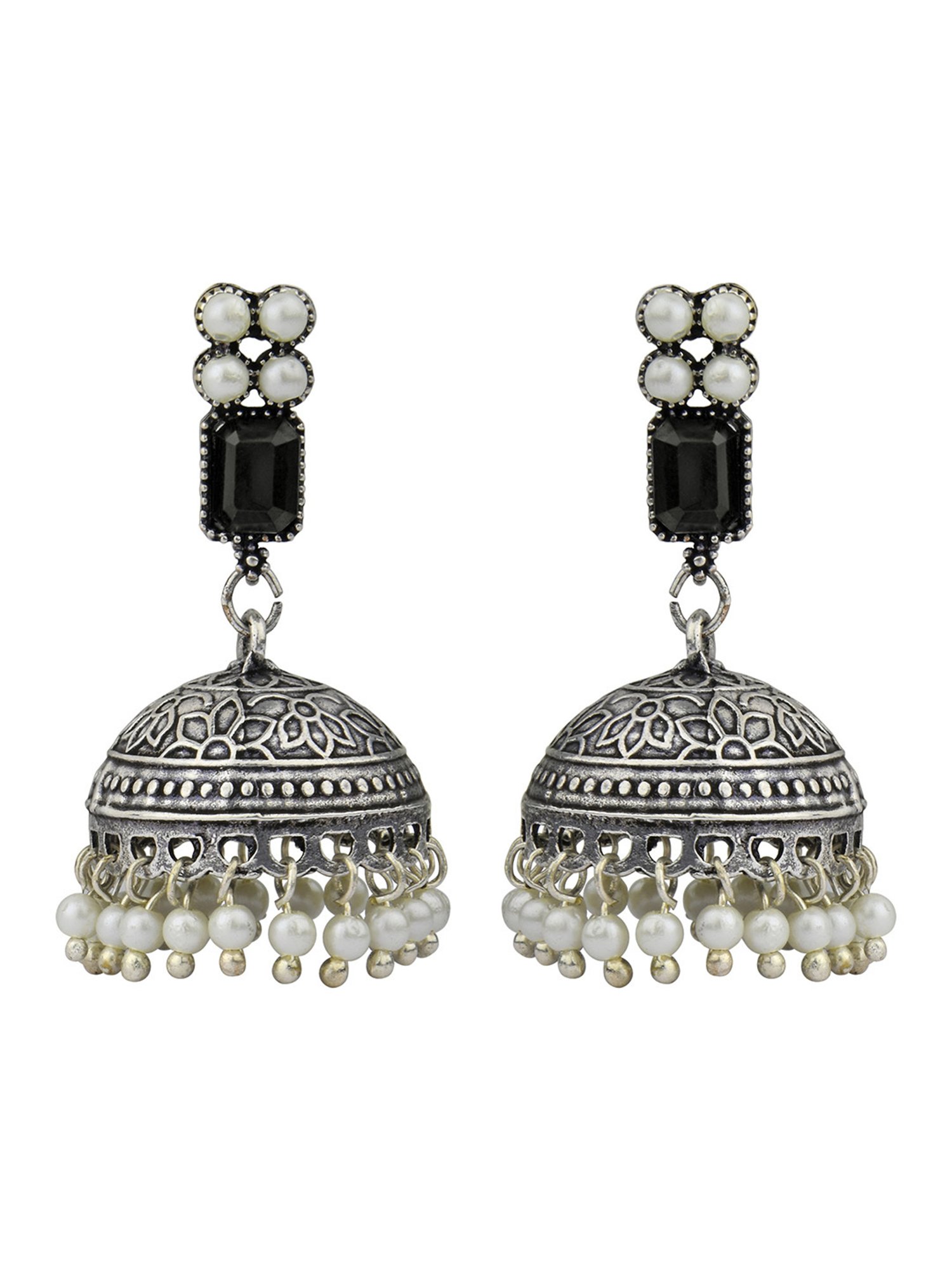 Fida Black Stone Dome Black and Pearl White Jhumki Earrings