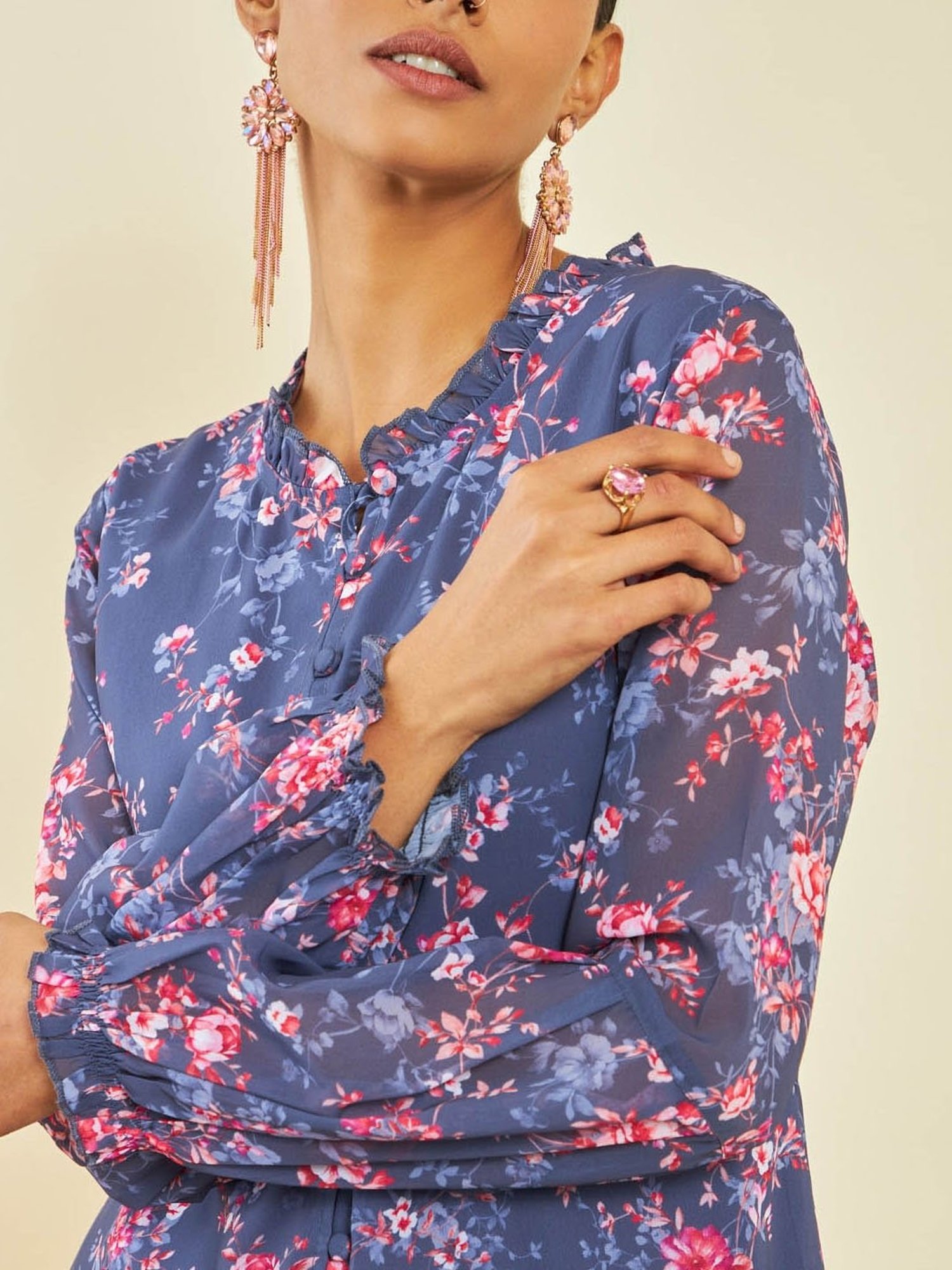 Soch Purple Georgette Floral Print Tunic with Puff Sleeves