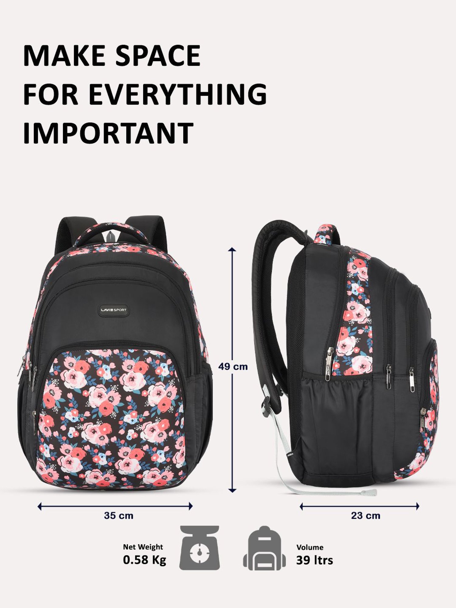 Lavie Sport Rosette 39L Printed School Backpack with Rain cover for Girls (Black)