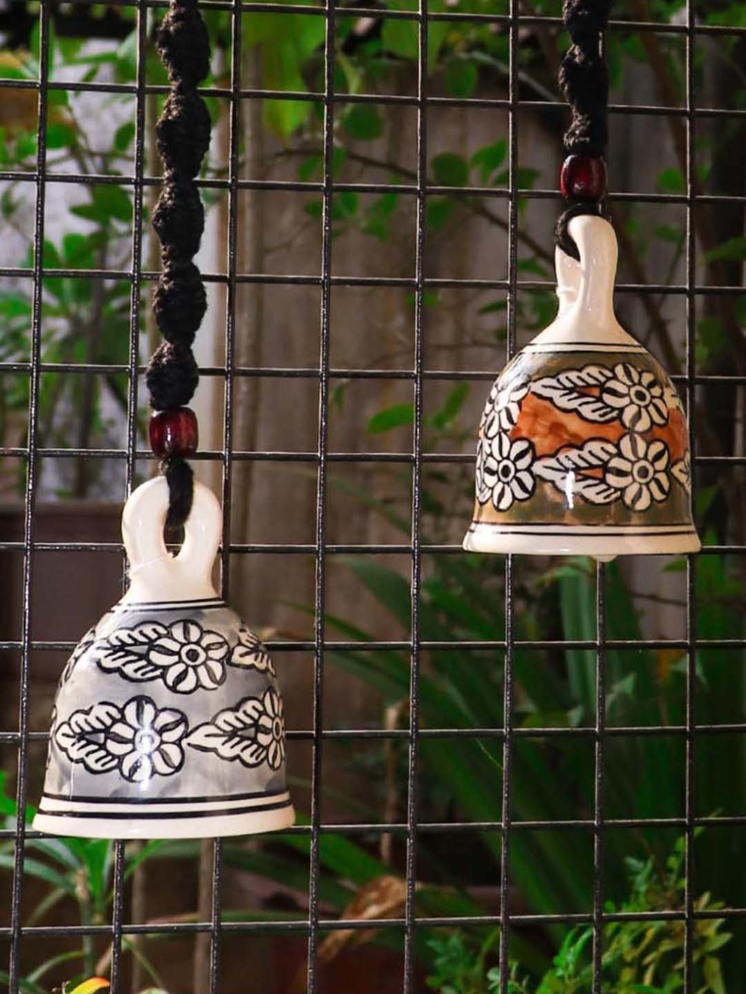 Gathari Black Ceramic Wall Hanging Macrame Bells - Set of 2