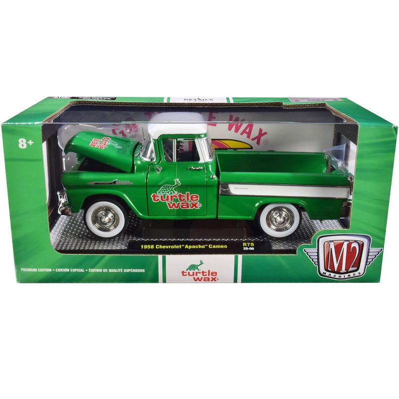 1958 Chevrolet Apache Cameo Pickup Truck Green with White Top and White Stripes "Turtle Wax" Ltd Ed to 6880 pcs 1/24 Diecast Model Car by M2 Machines
