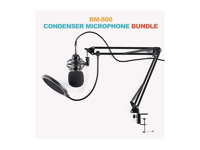 Condenser Microphone Bundle, BM-800 Mic Kit with Adjustable Mic Suspension Scissor Arm, Metal Shock Mount and Double-Layer Pop Filter for Studio Recording & Broadcasting (Black)