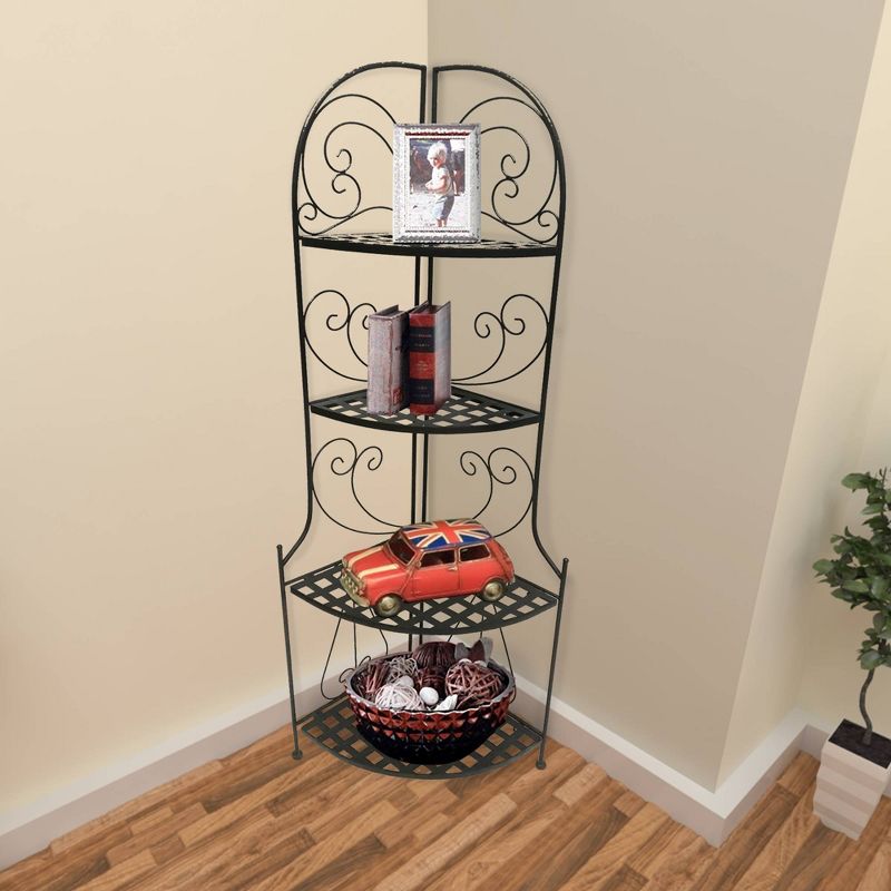 Foldable Metal Corner Bakers Rack with Grid Pattern Shelves Black - Benzara