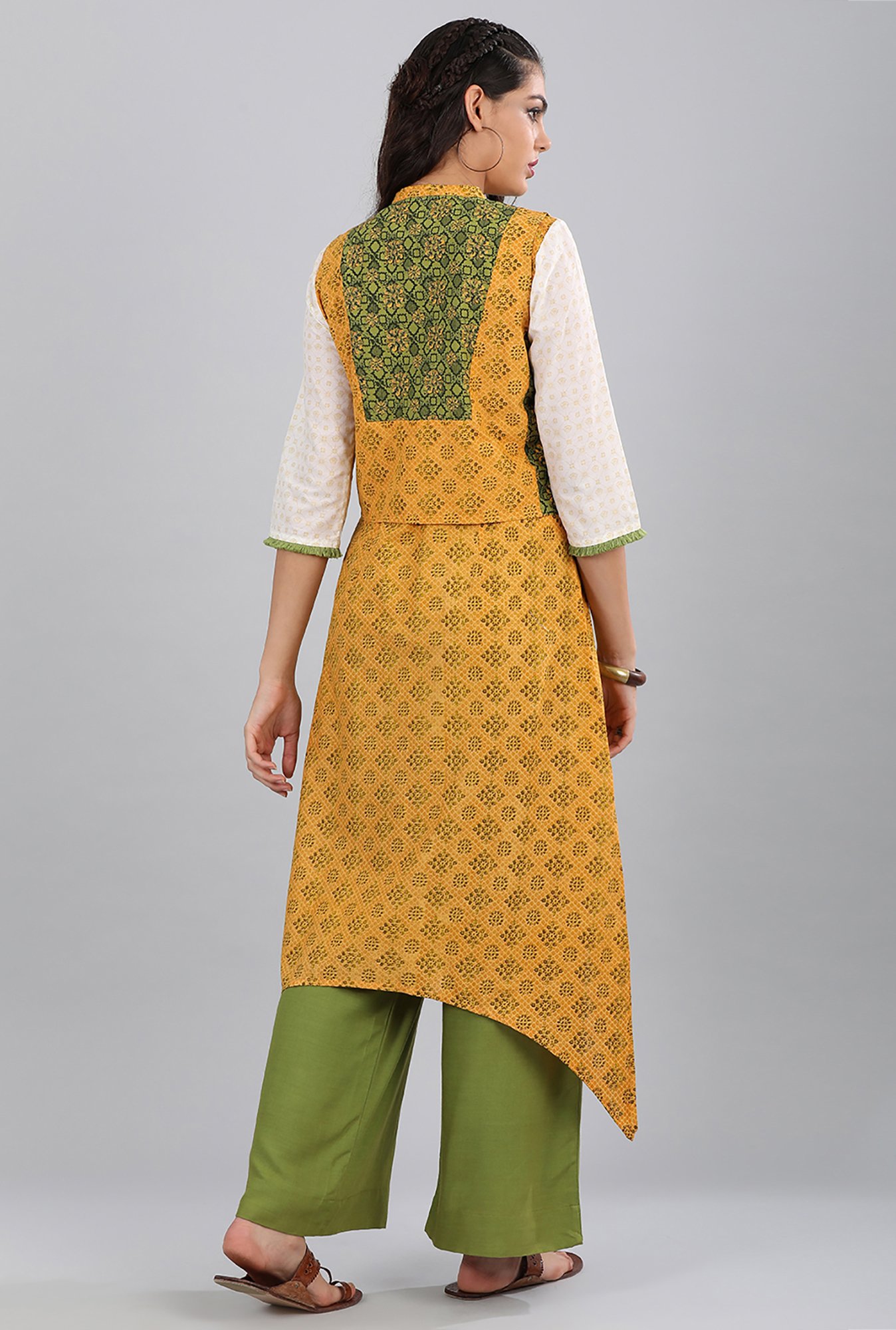 Aurelia Yellow & Green Band Neck Printed Cotton Gilet