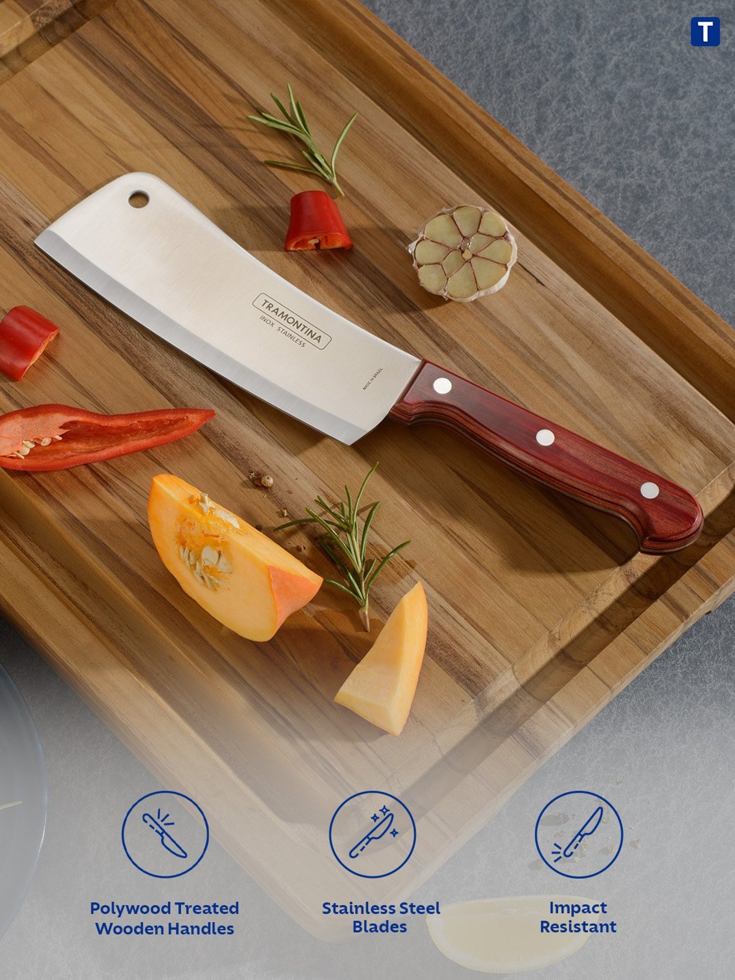 Tramontina Polywood Stainless Steel Cleaver Knife 6" Plain Edge Polywood Handle Kitchen Knife