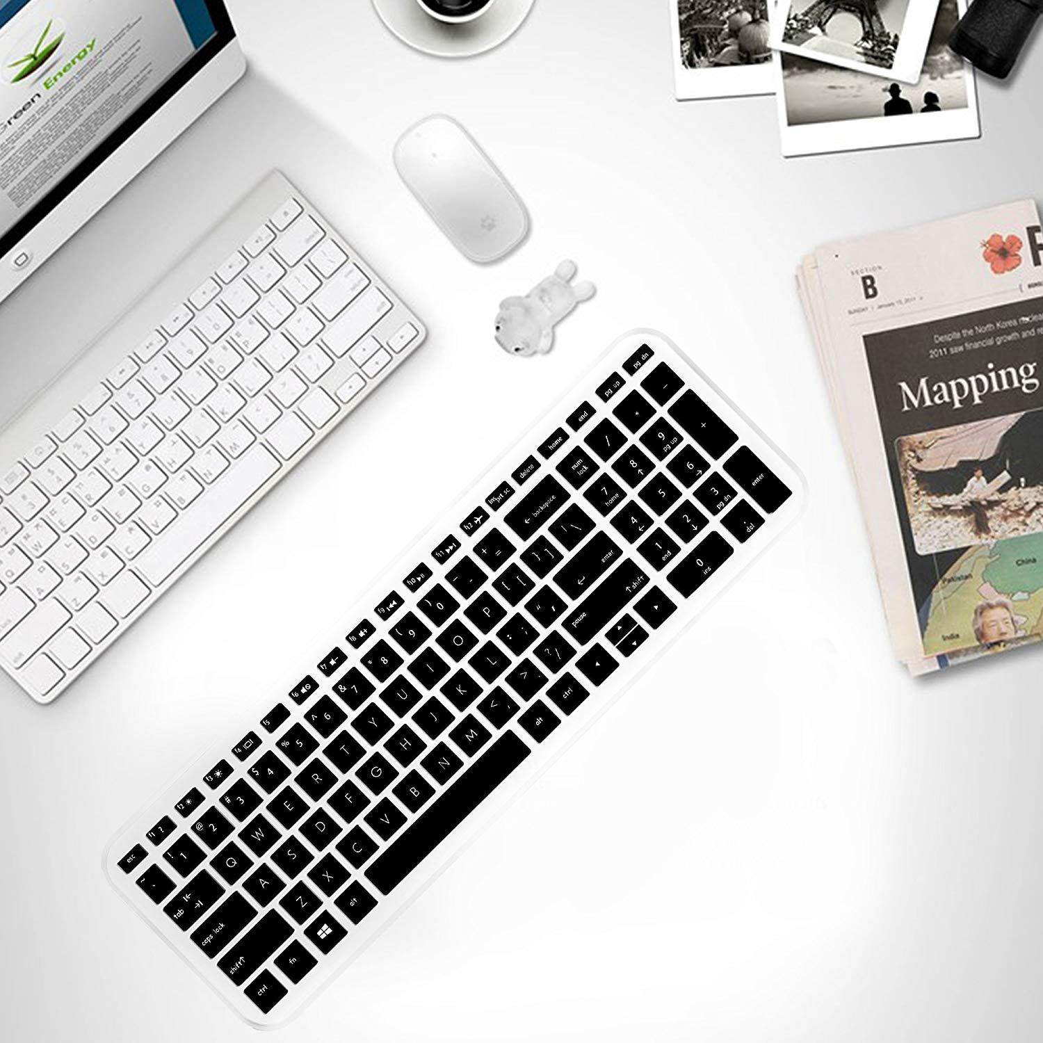 [2 Pack] Keyboard Cover Skin for 15.6 HP Pavilion X360 15-BR075NR 15M-BP012DX BP011DX BP111DX BP112DX 15M-BQ021DX BQ121DX, 15-BS020NR 15-BS020WM 15-BS013DX 15-BW011DX, HP Envy 17M (Clear+ Black)