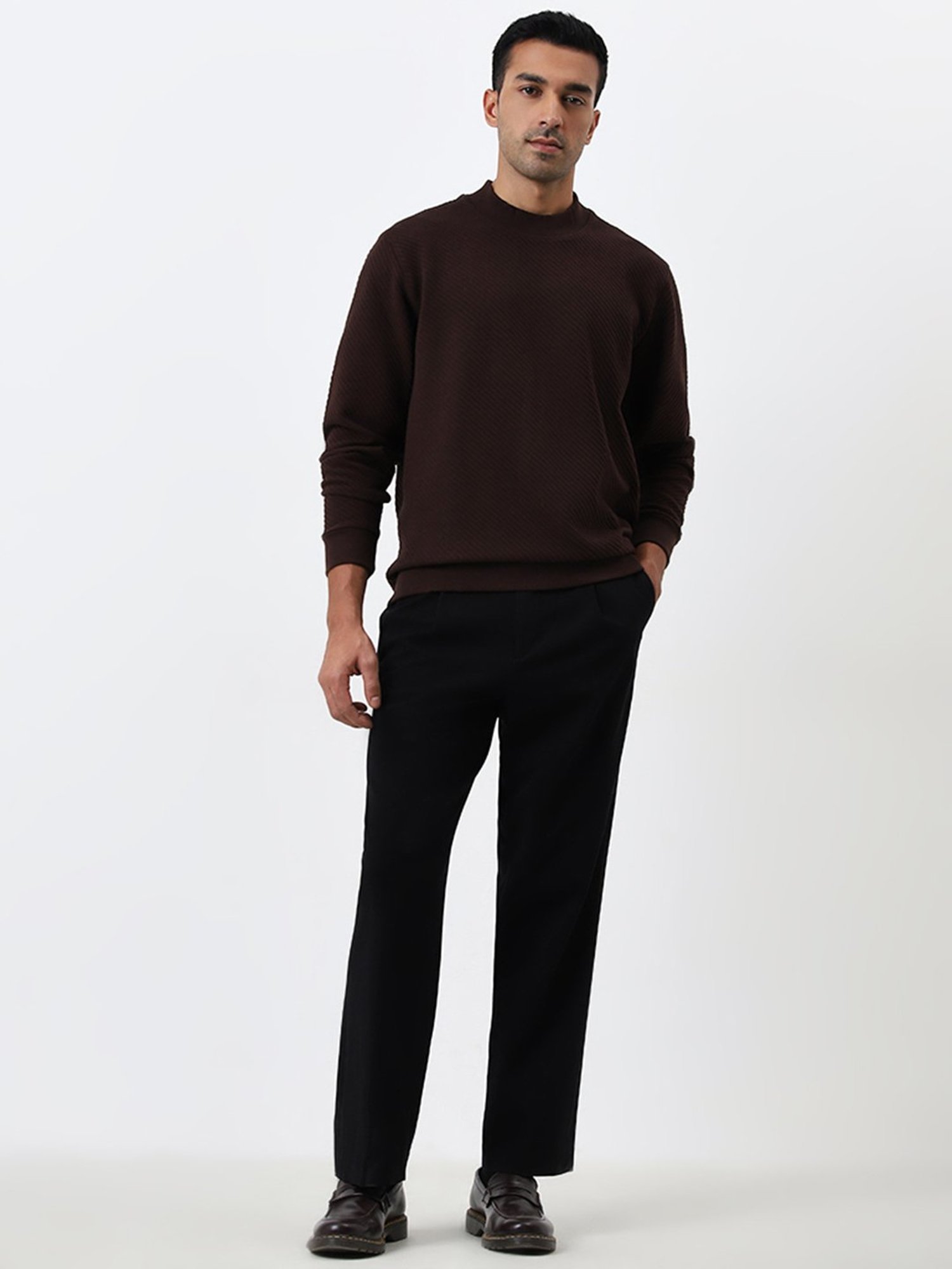 Ascot by Westside Dark Brown Ribbed Textured Relaxed Fit Sweatshirt
