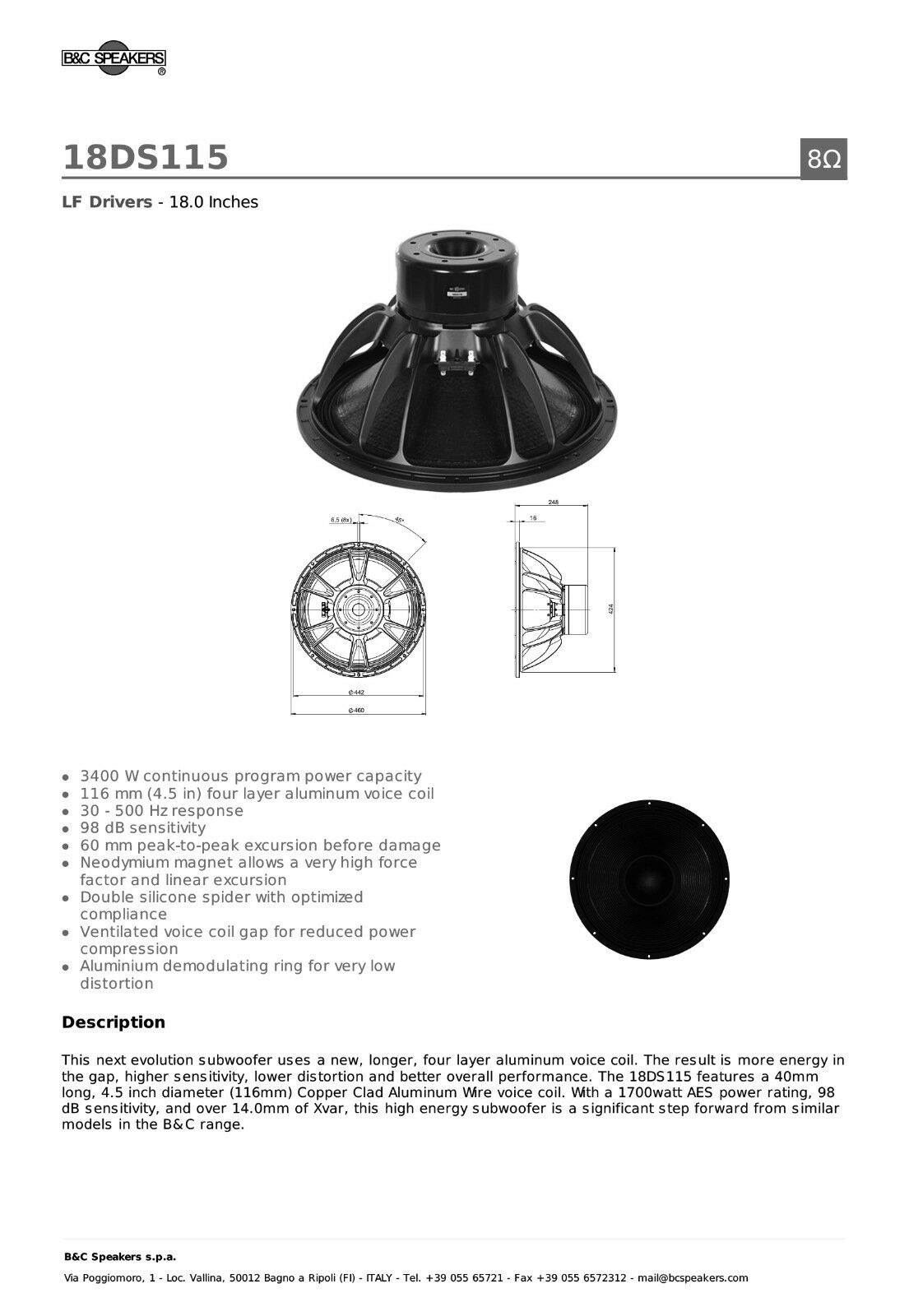 B&C Speakers 18DS115-8 18 in. 1700 watt Driver Subwoofer Speaker