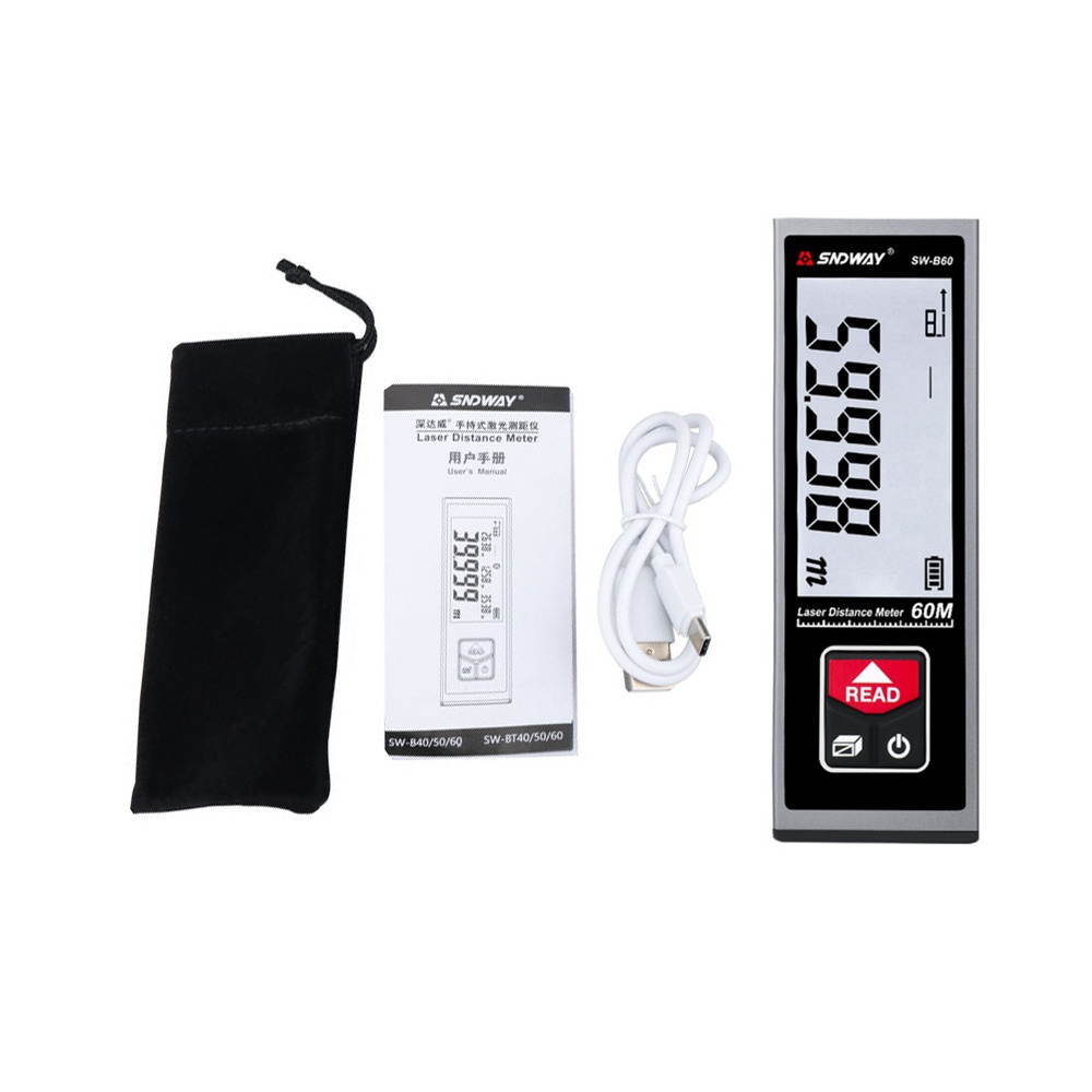 SNDWAY SW-B60 Laser Distance Meter Handheld Rangefinder Digital Mini Distance Measuring Meter Indoor Rechargeable Electronic Space Measurement Device for Length Area Volume