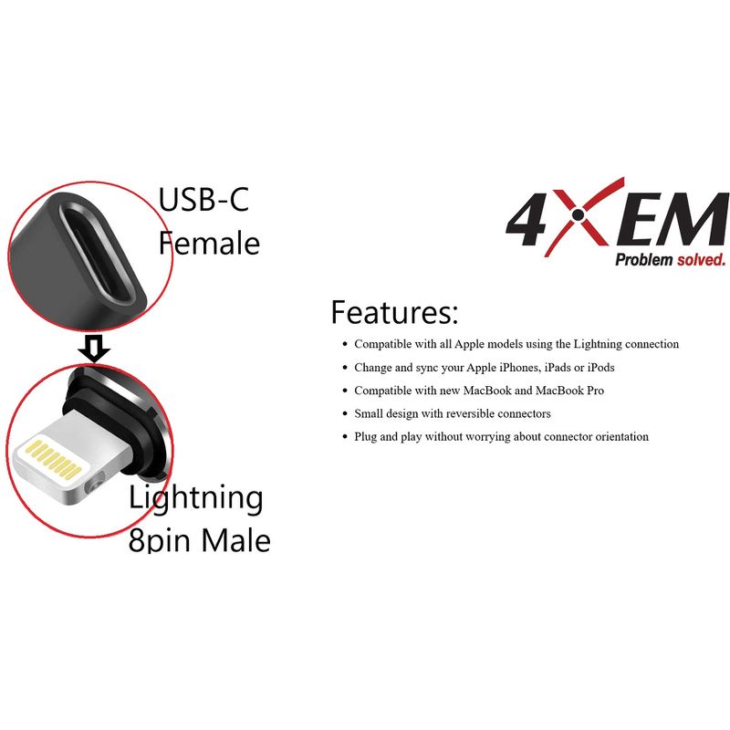4XEM USB 3.1 Type-C Female to 8-pin Lightning Male Adapter - 1 x Type C Female USB - 1 x Lightning Male Proprietary Connector - Black