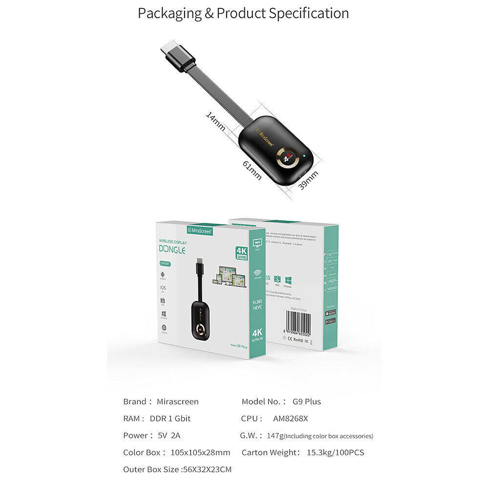 MiraScreen Miracast 1080P DLNA WiFi Display Receiver Wireless HDMI TV Dongle 2.4G/5.8G