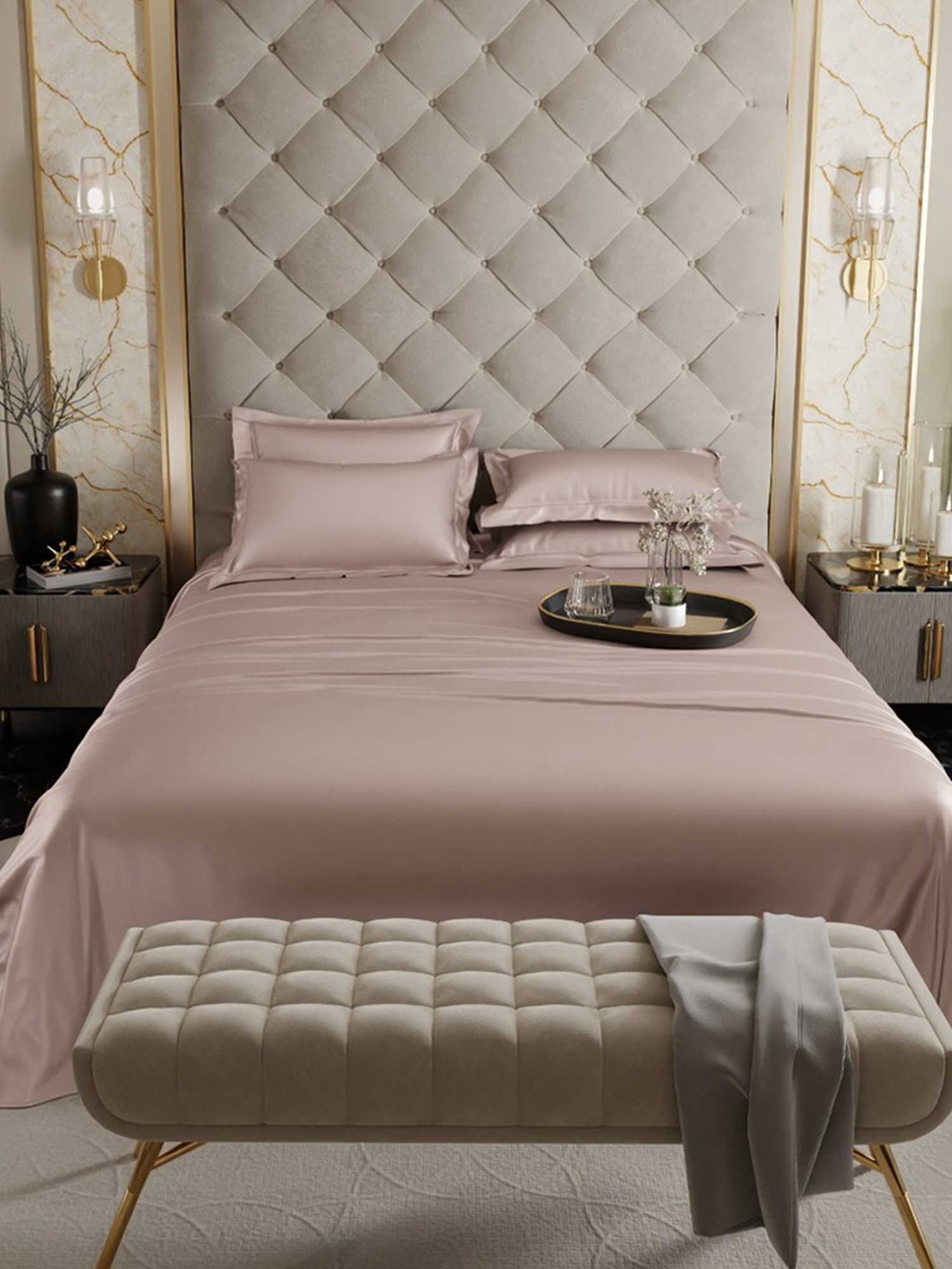 Stoa Paris Date Night Champagne Collection 300 TC Sateen Super King Bed Sheet with 4 Pillow Covers
