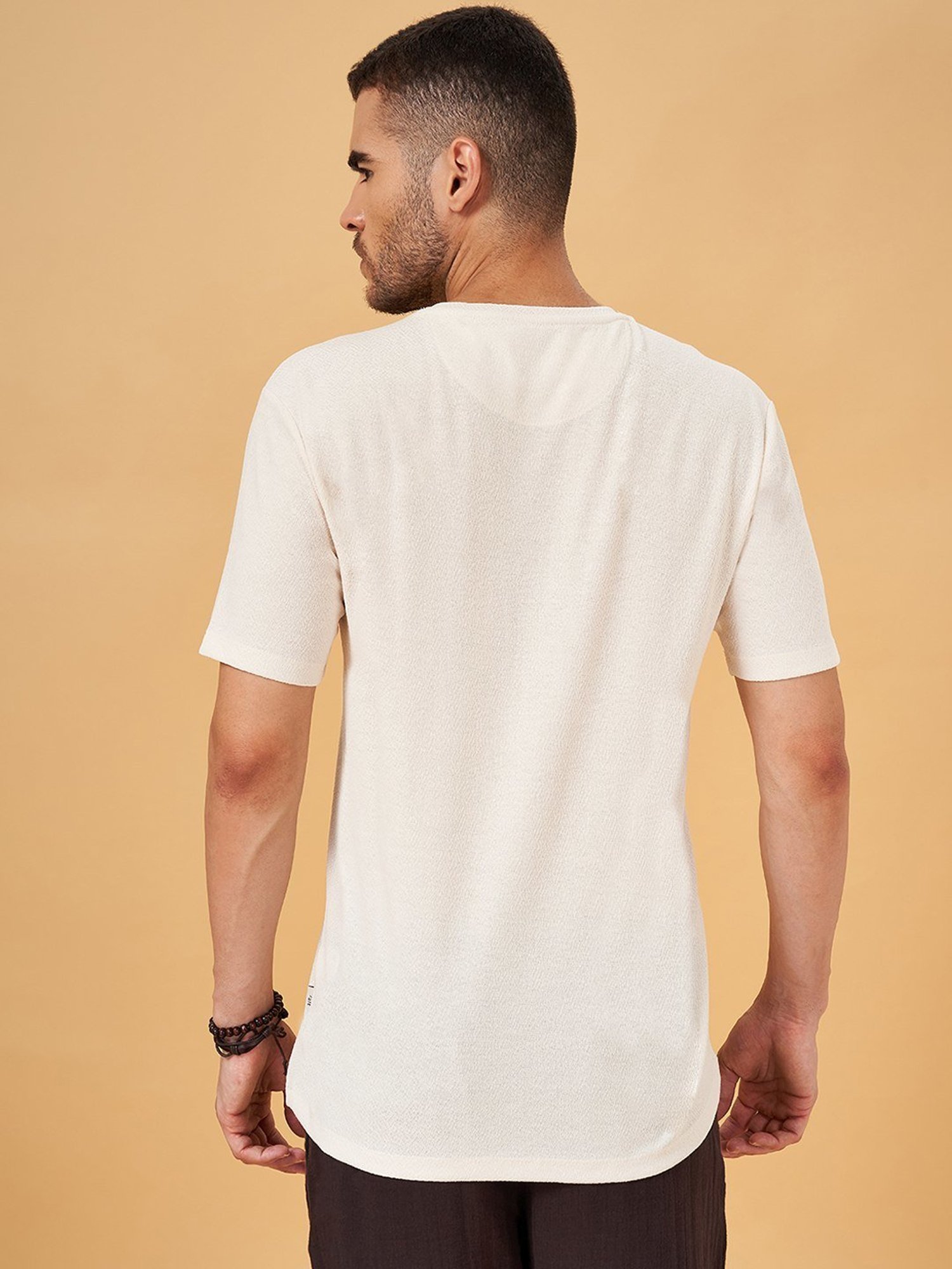 7 Alt by Pantaloons Ecru Relaxed Fit Self Pattern T-Shirt