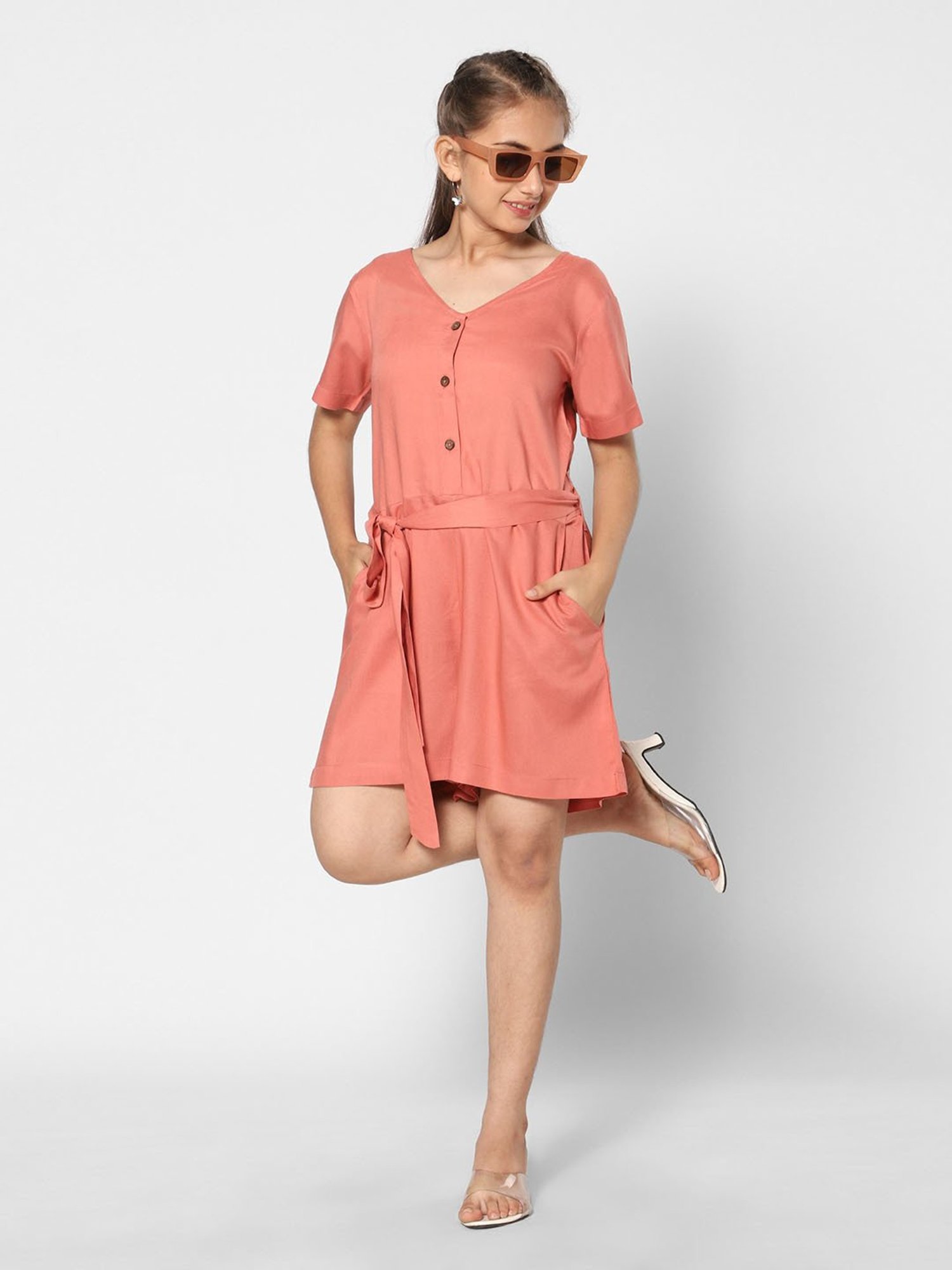 TeenTrums Girls Coral Solid Playsuit