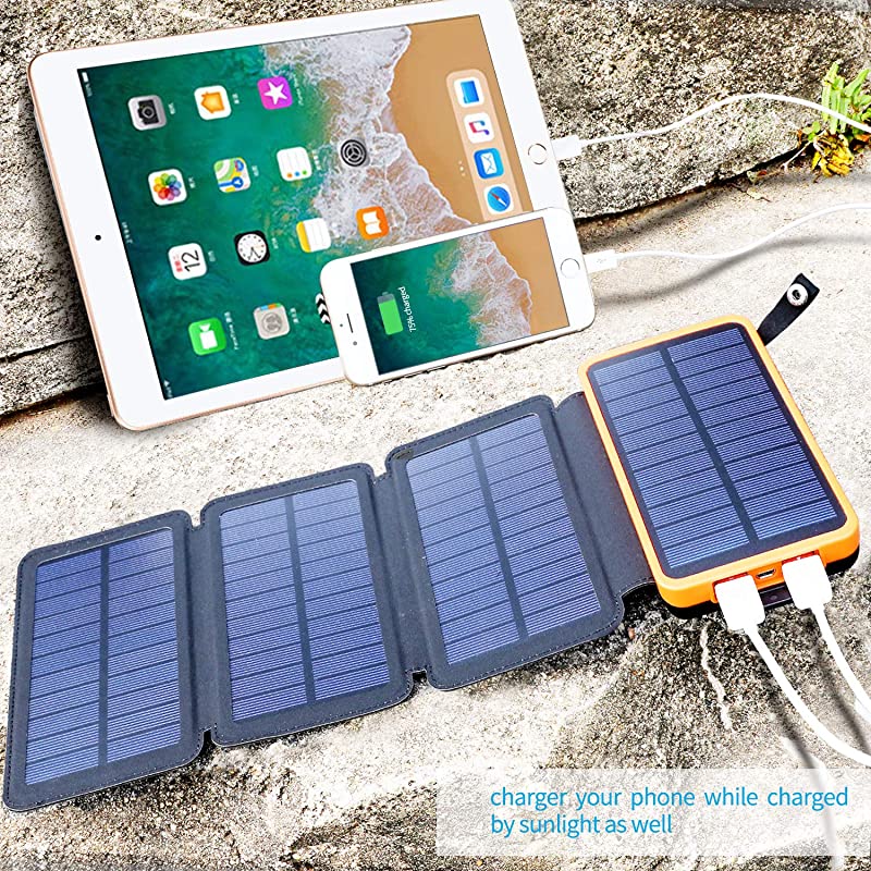 Solar Charger 25000mAh Portable Solar Power Bank with 4 Solar Panels and Fast Charge External Battery Pack with Dual 21A Outputs USB Port Compatible for Most Smartphones Tablets and More