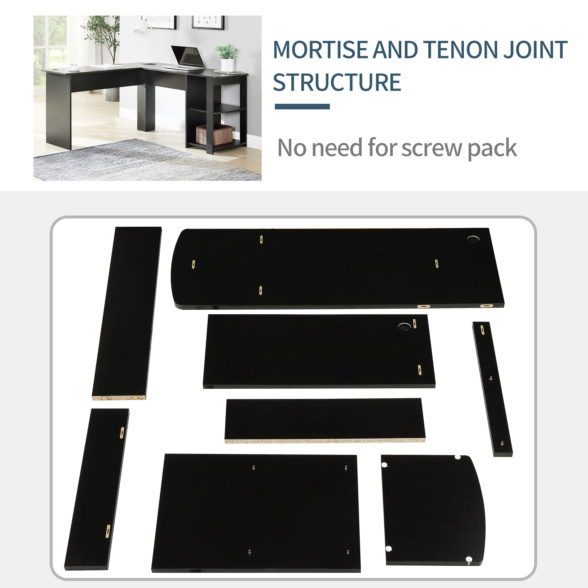 L-Shaped Corner Desk Gaming Desk Home Office Desk Computer Desk Study Workstation Furniture with 2 Open Storage Bookshelves NO Tool Assemble Required(Black)