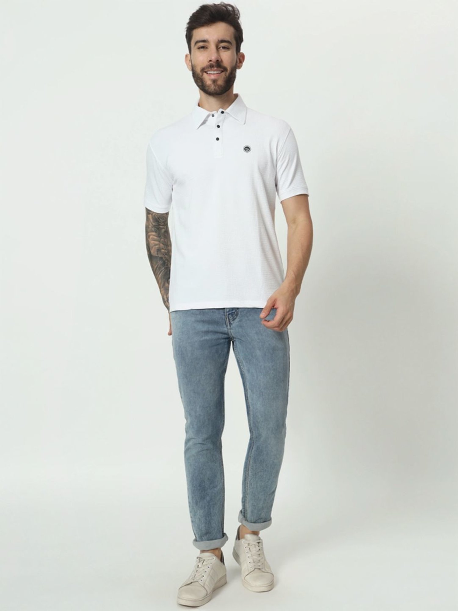 Tab91 White Regular Fit Self Pattern Polo T-Shirts