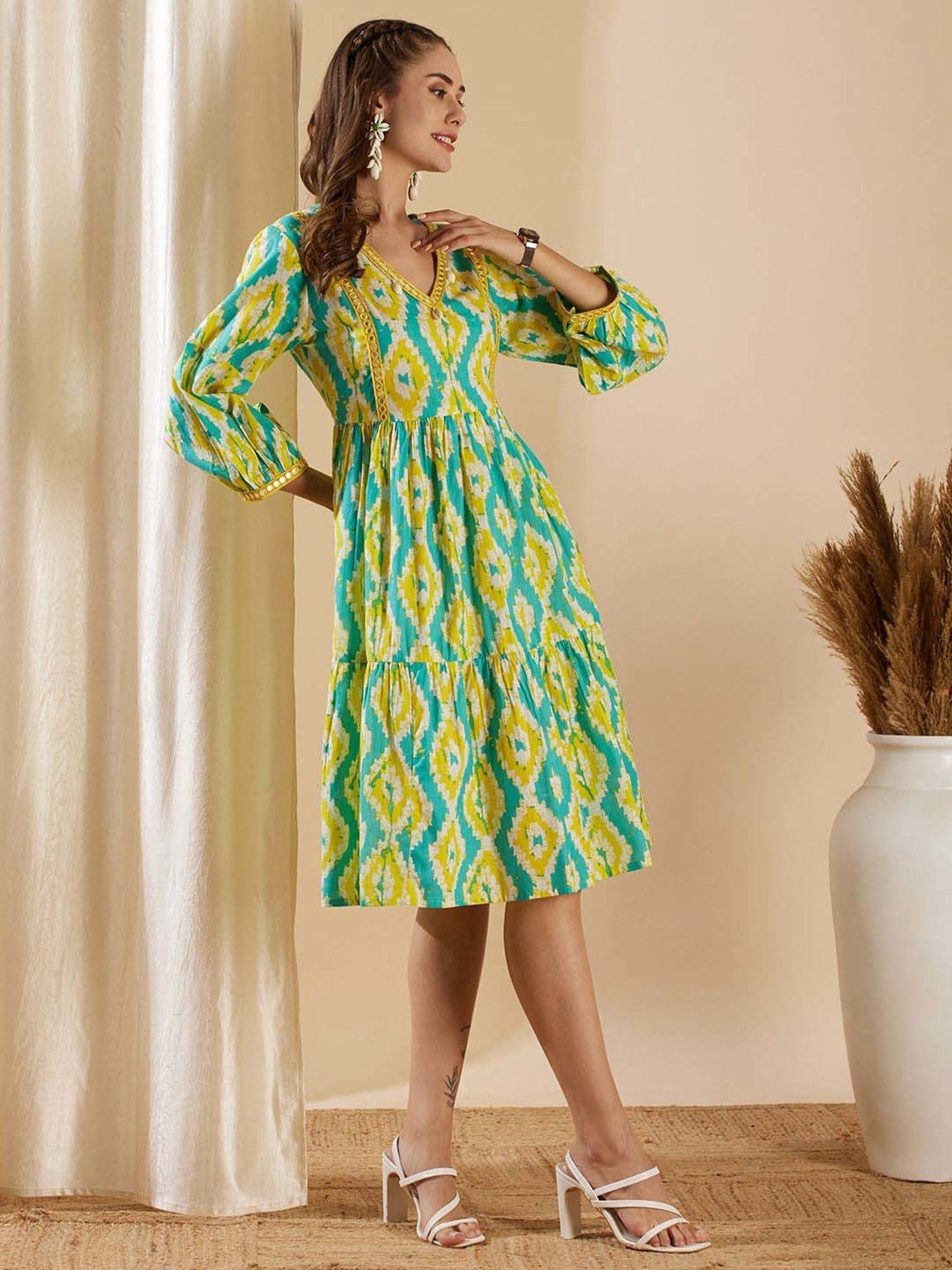 Fashor Blue & Yellow Cotton Printed A-Line Dress