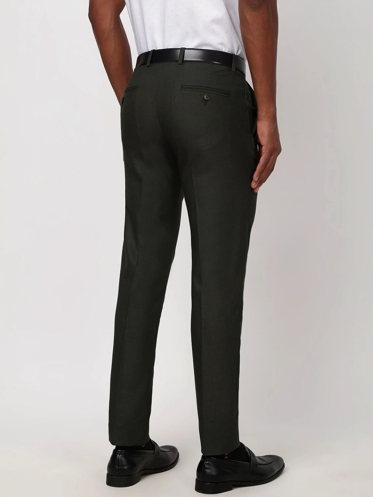 Peter England Olive Slim Fit Self Pattern Trousers