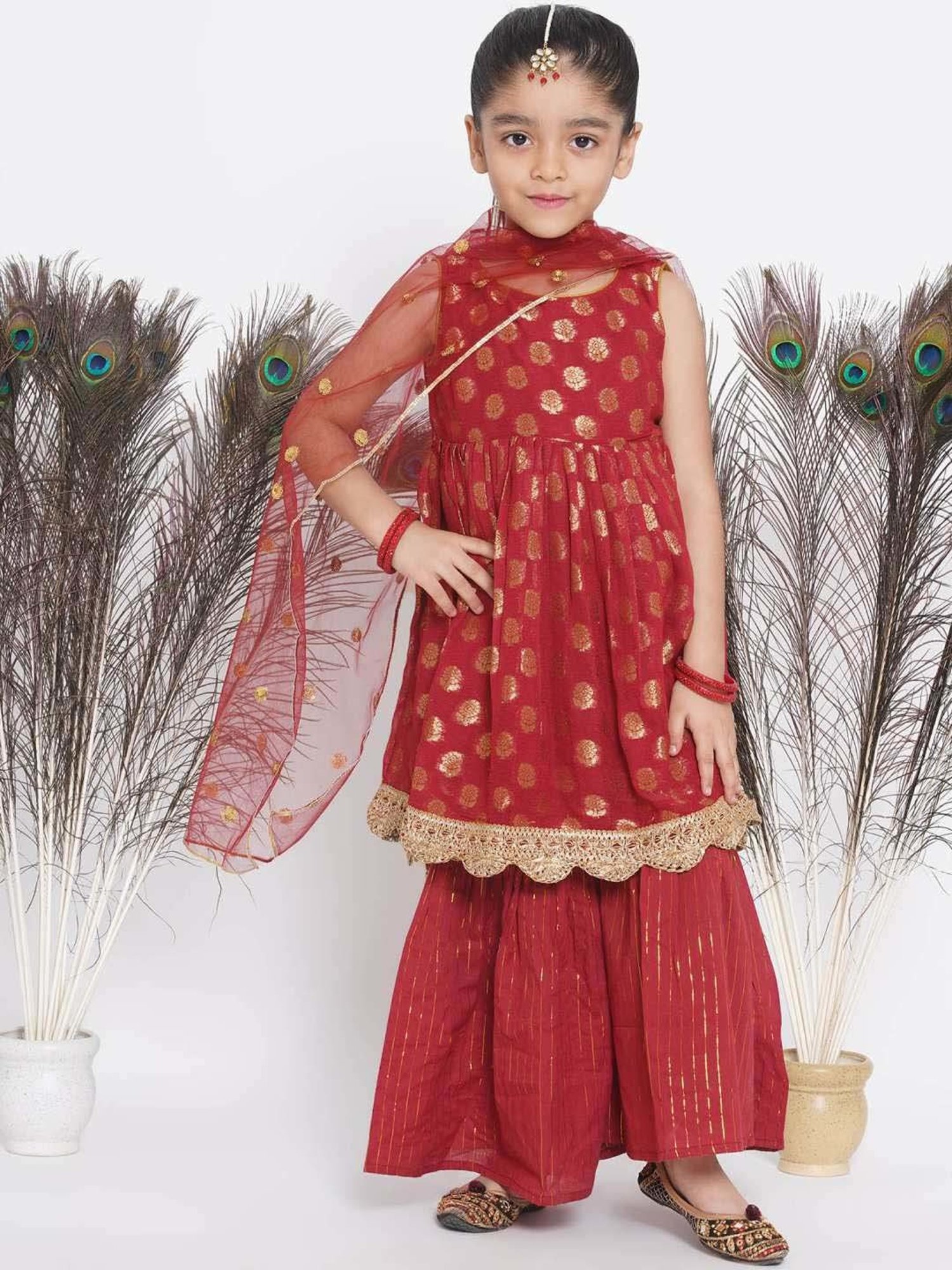 Little Bansi Maroon & Gold Cotton Embroidered Kurta Set