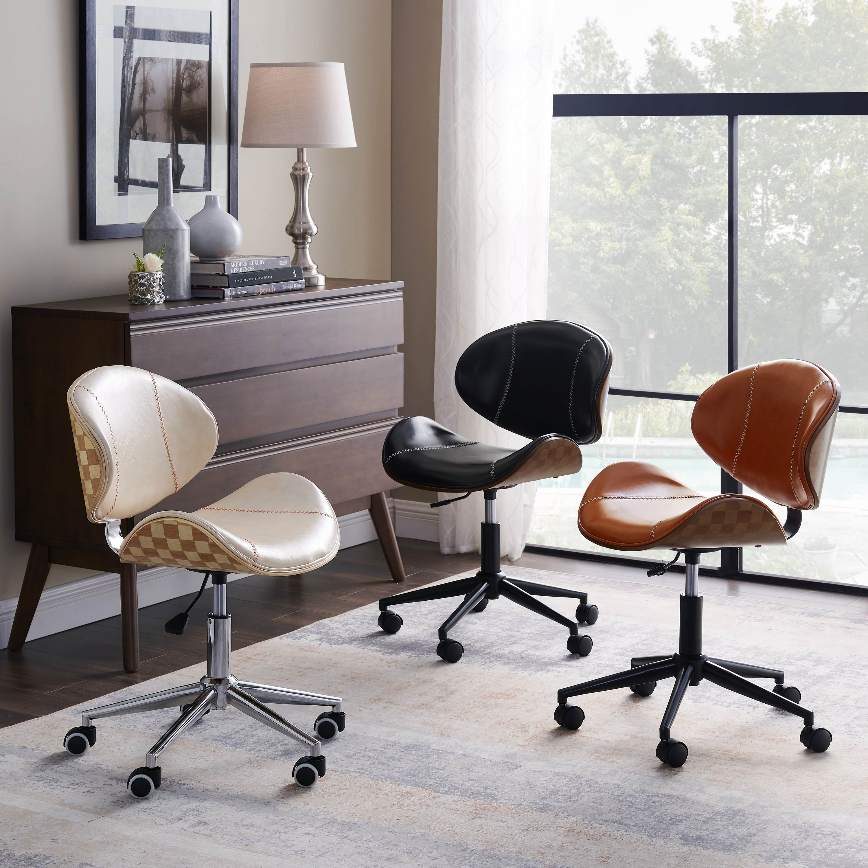 Art-Leon Faux Leather Upholstery Swivel Accent Home Office Desk Chair with 5 Casters and Unique Chess-Board Back Deco