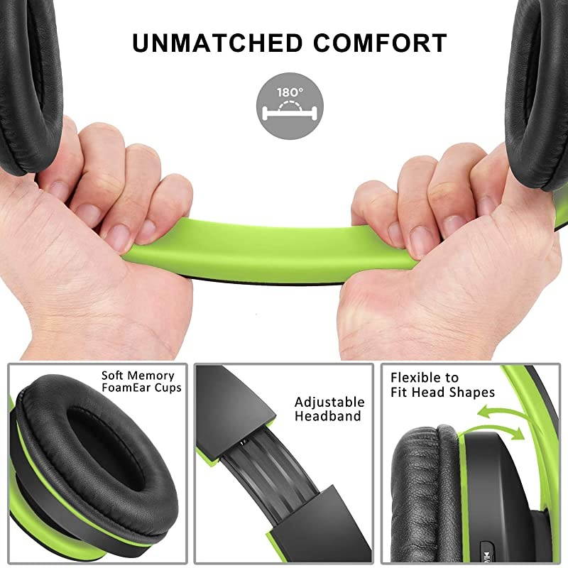 Bluetooth Headphones OverEar  Foldable Wireless and Wired Stereo Headset Micro SDTF FM for Cell PhonePCSoft Earmuffs Light Weight for Prolonged WaringBlackGreen