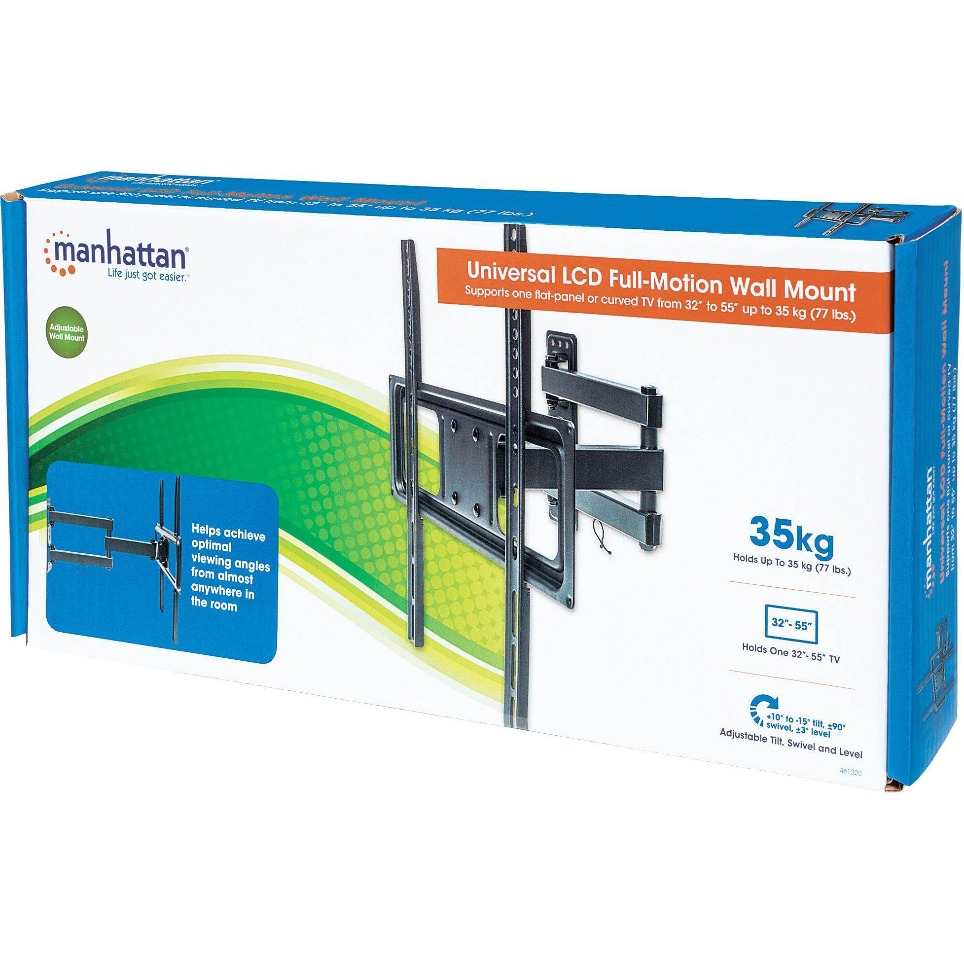 Manhattan 461320 Universal Lcd Full-Motion Wall Mount, Holds One 32 To 55 Flat-Panel Or Curved Tv