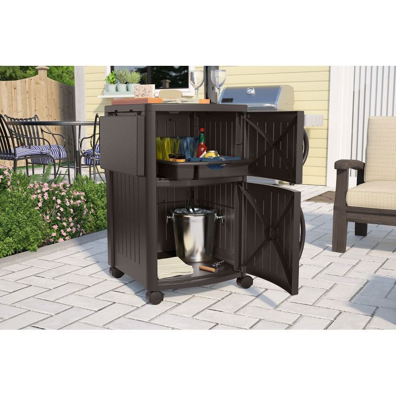 Suncast DCP2000 Portable Outdoor Resin Patio Grilling Entertainment Serving Prep Station Table with Cabinet Storage and Drop Leaf Extensions, Brown