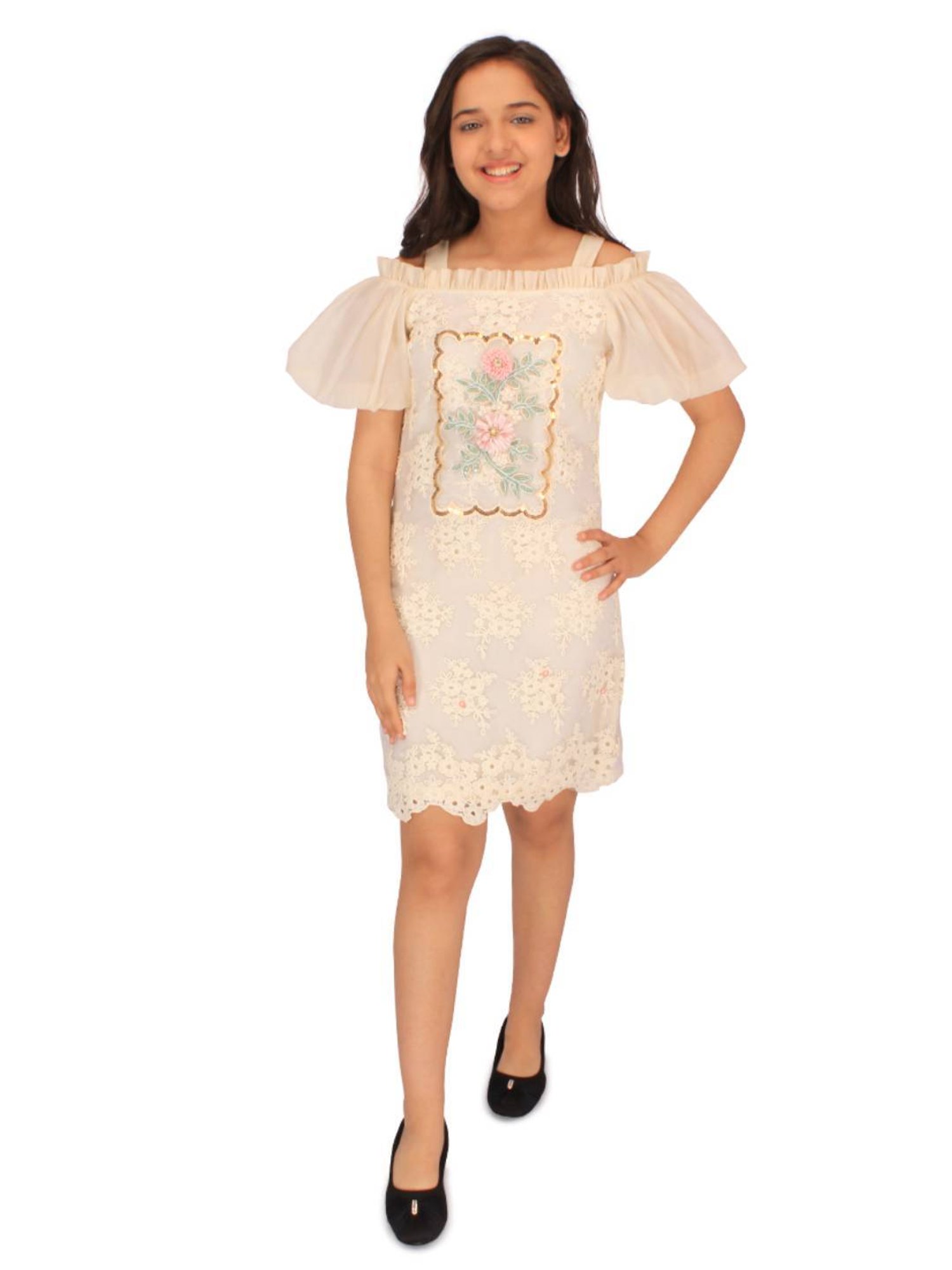 Cutecumber Kids Cream Embellished Shift Dress