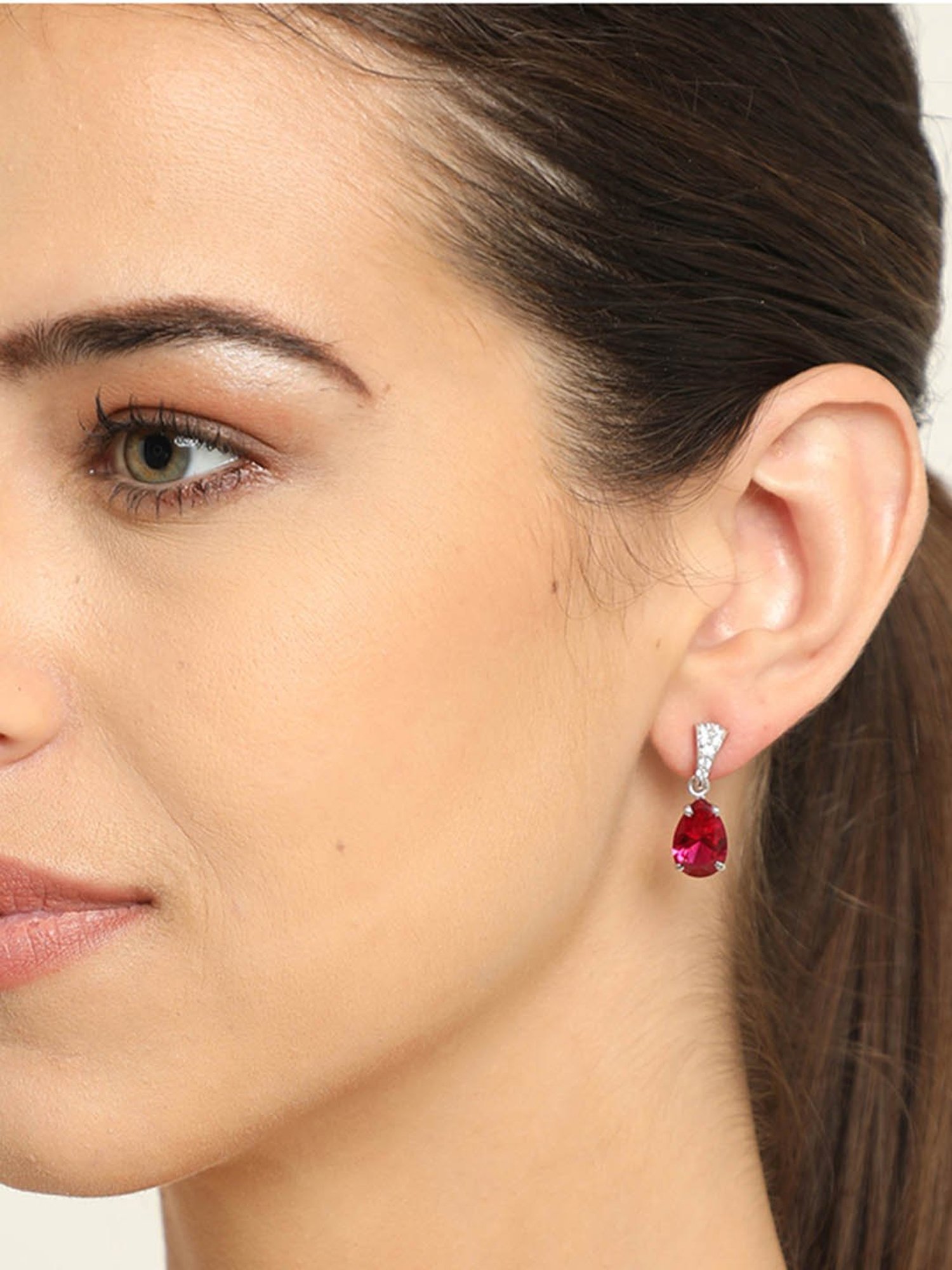 Clara 92.5 Sterling Silver Swiss Zirconia Blood Red Tear Drop Earrings