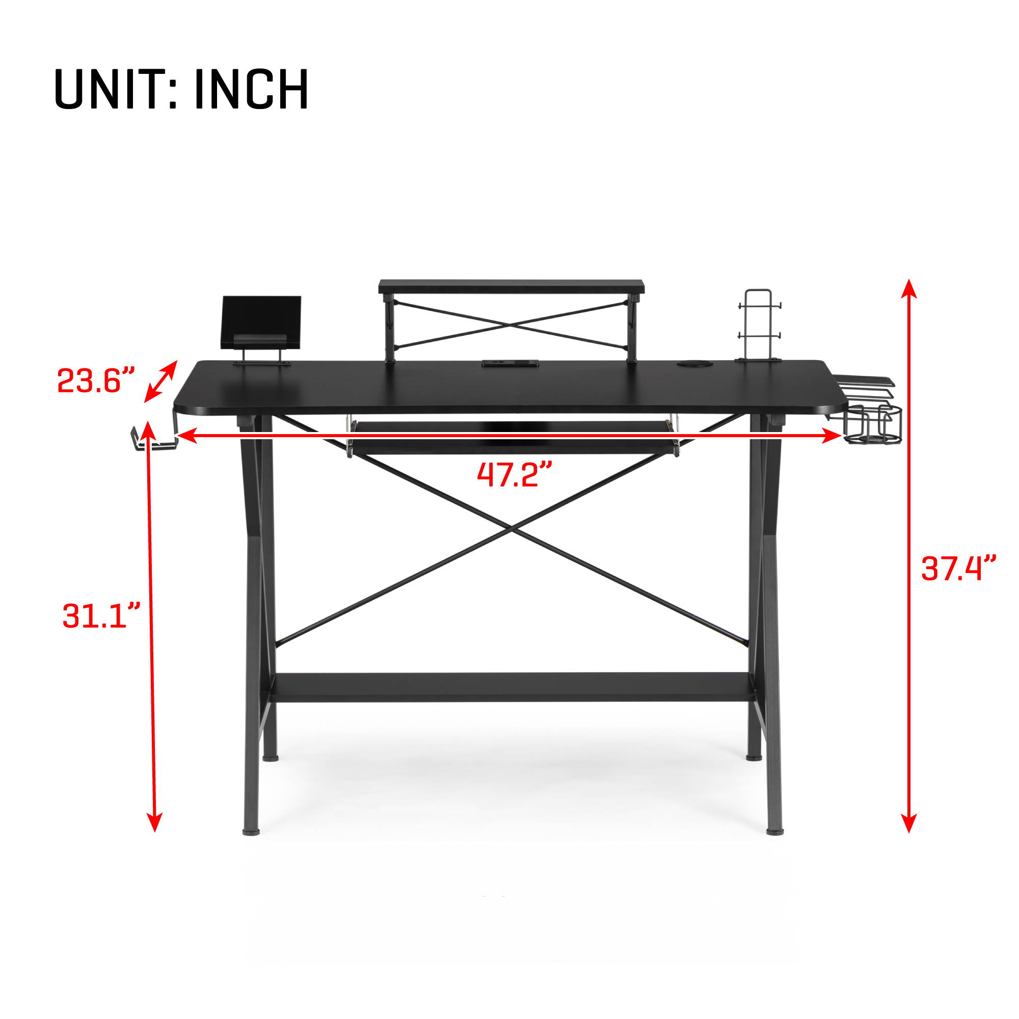 47" Gaming Desk, SEGMART PC Computer Desk, Home Office Desk with Cup Holder & Headphone Hook, PC E-Sports Gaming Workstation Gamer Tables Writing Table with PC Stand Shelf Keyboard Stand, Black, R029