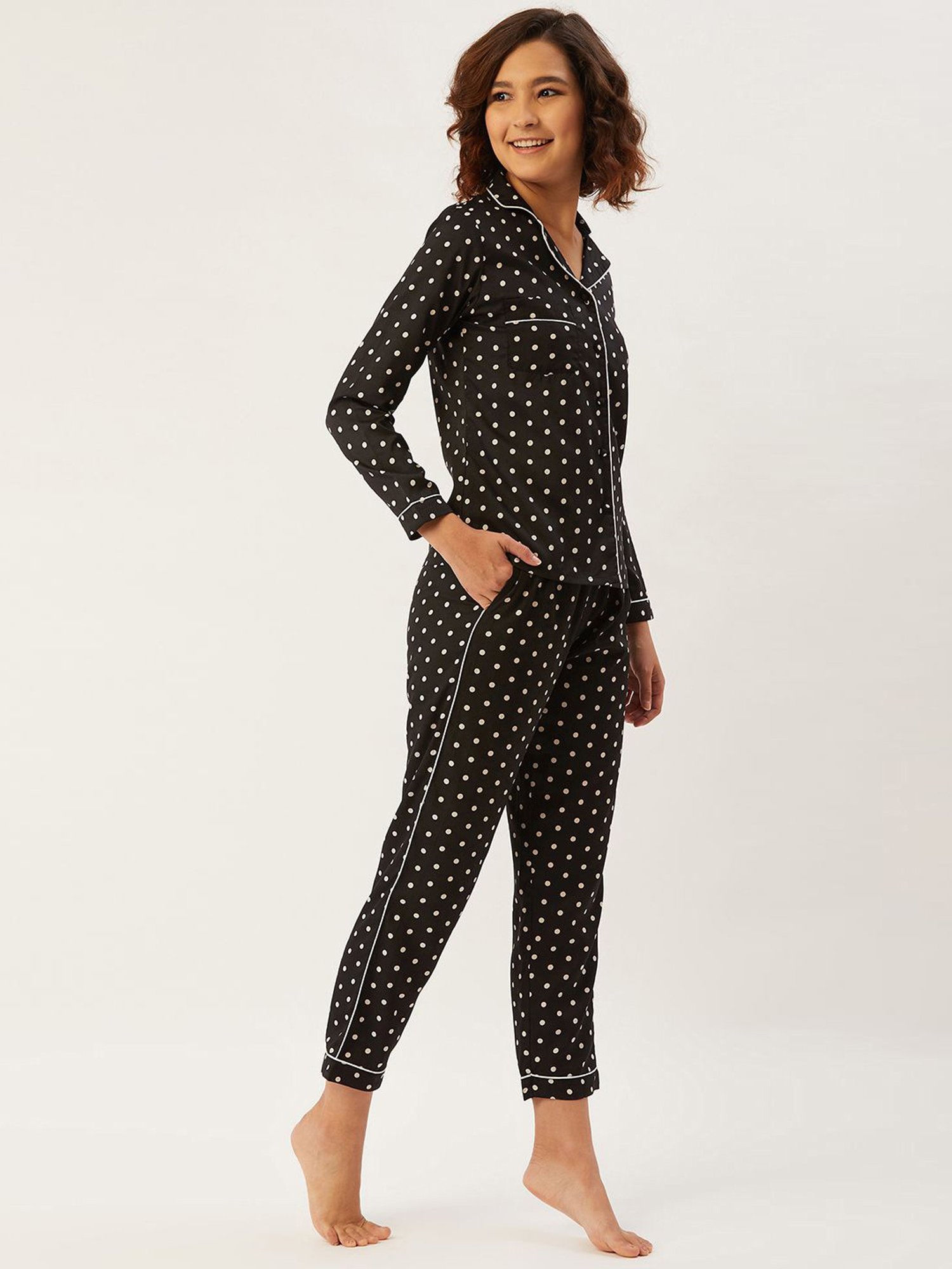 Anvi Be Yourself Black Polka Dots Shirt Pyjama Set