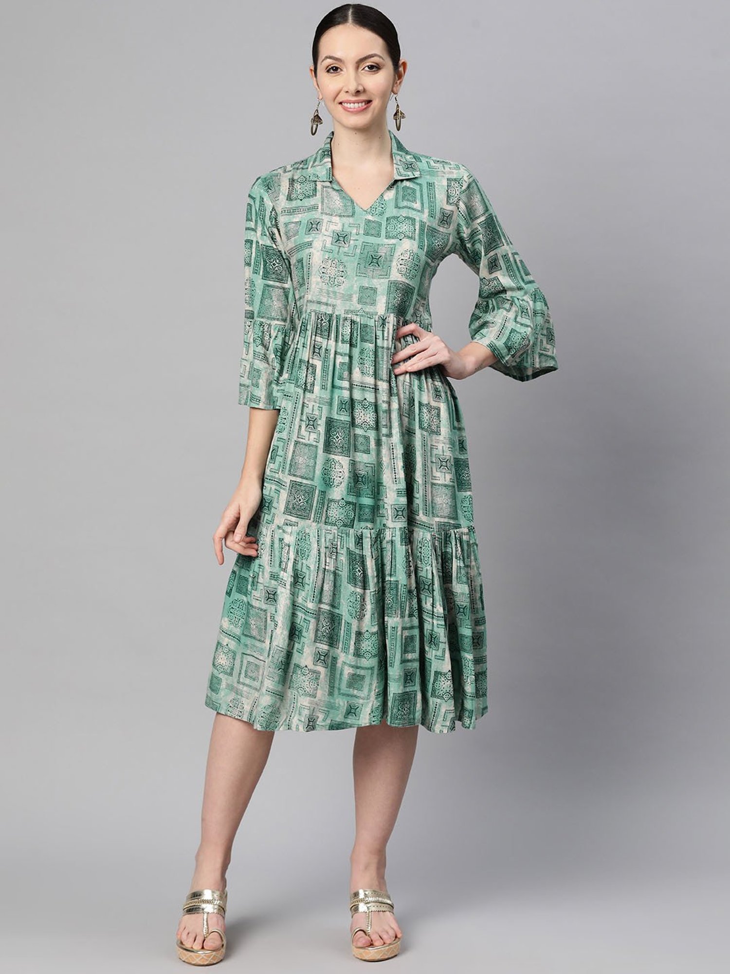 Indibelle Green Printed Ethnic Dress