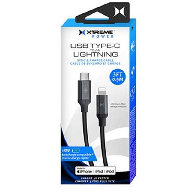 Xtreme XMS81013BLK 3 ft. USB Type-C Lightning Sync & Charge Cable, Black