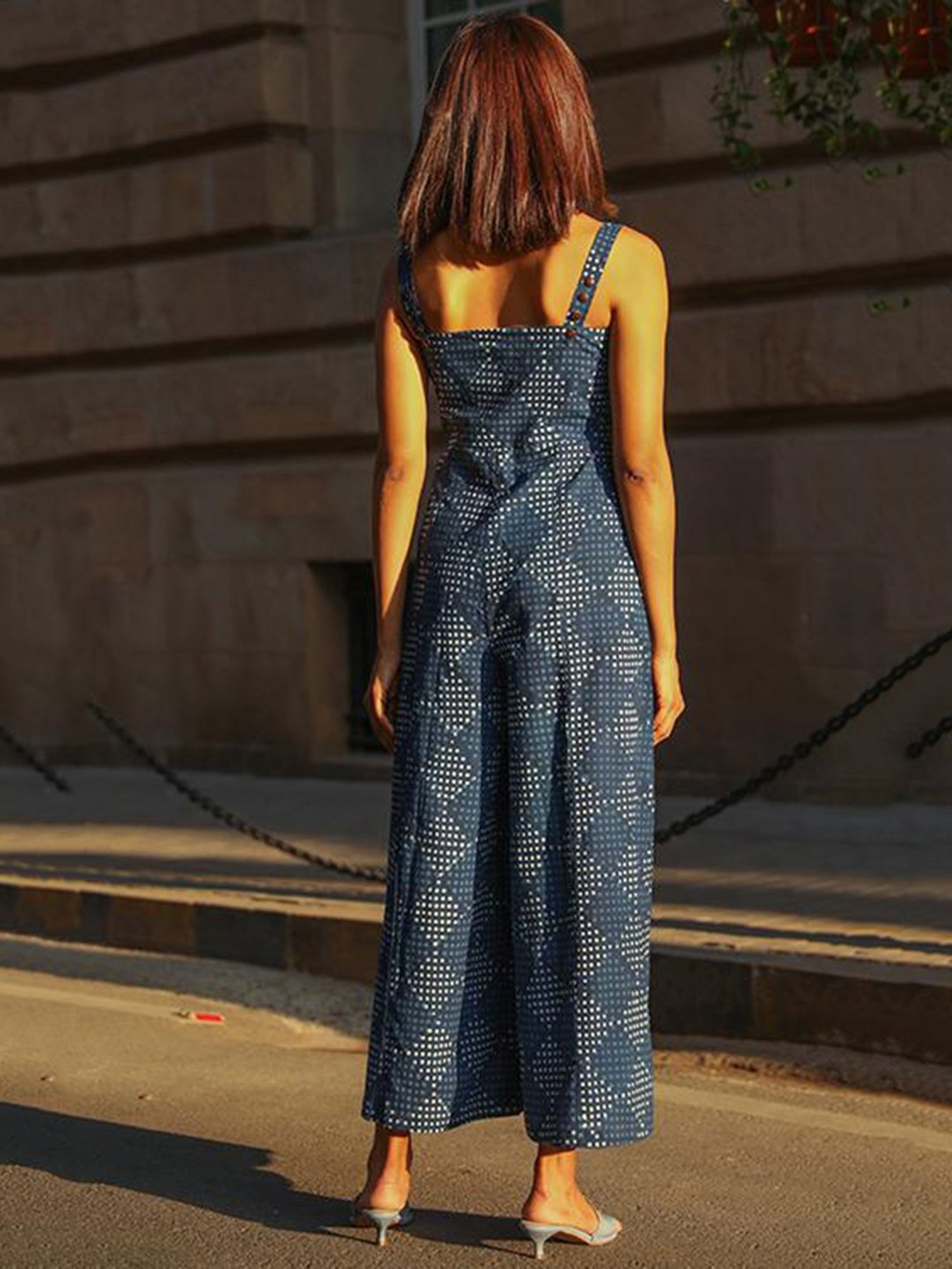 Okhai Navy Sweet Heart Neck Cotton Jumpsuit