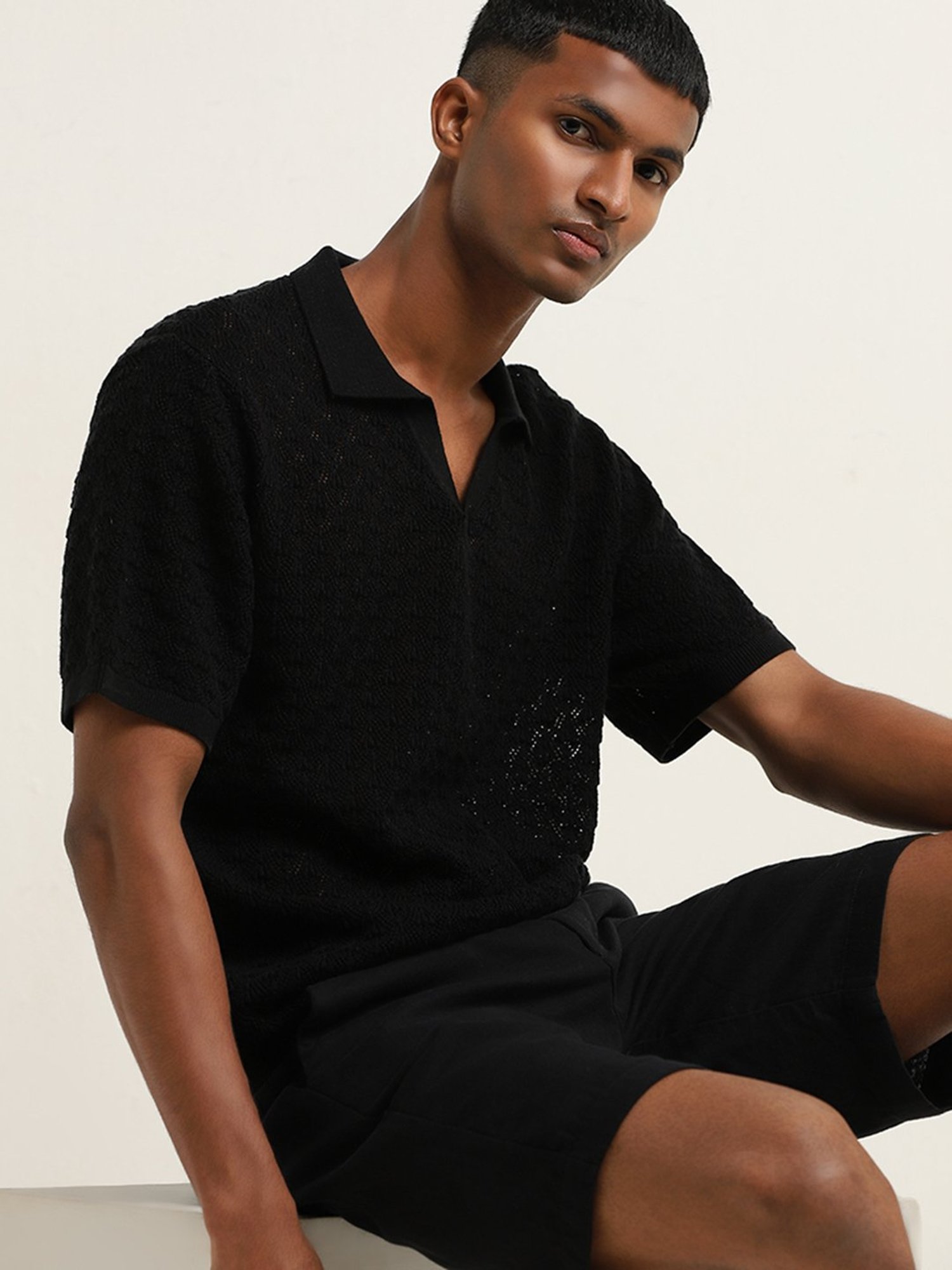 ETA by Westside Black Relaxed Fit Knit Textured T-Shirt