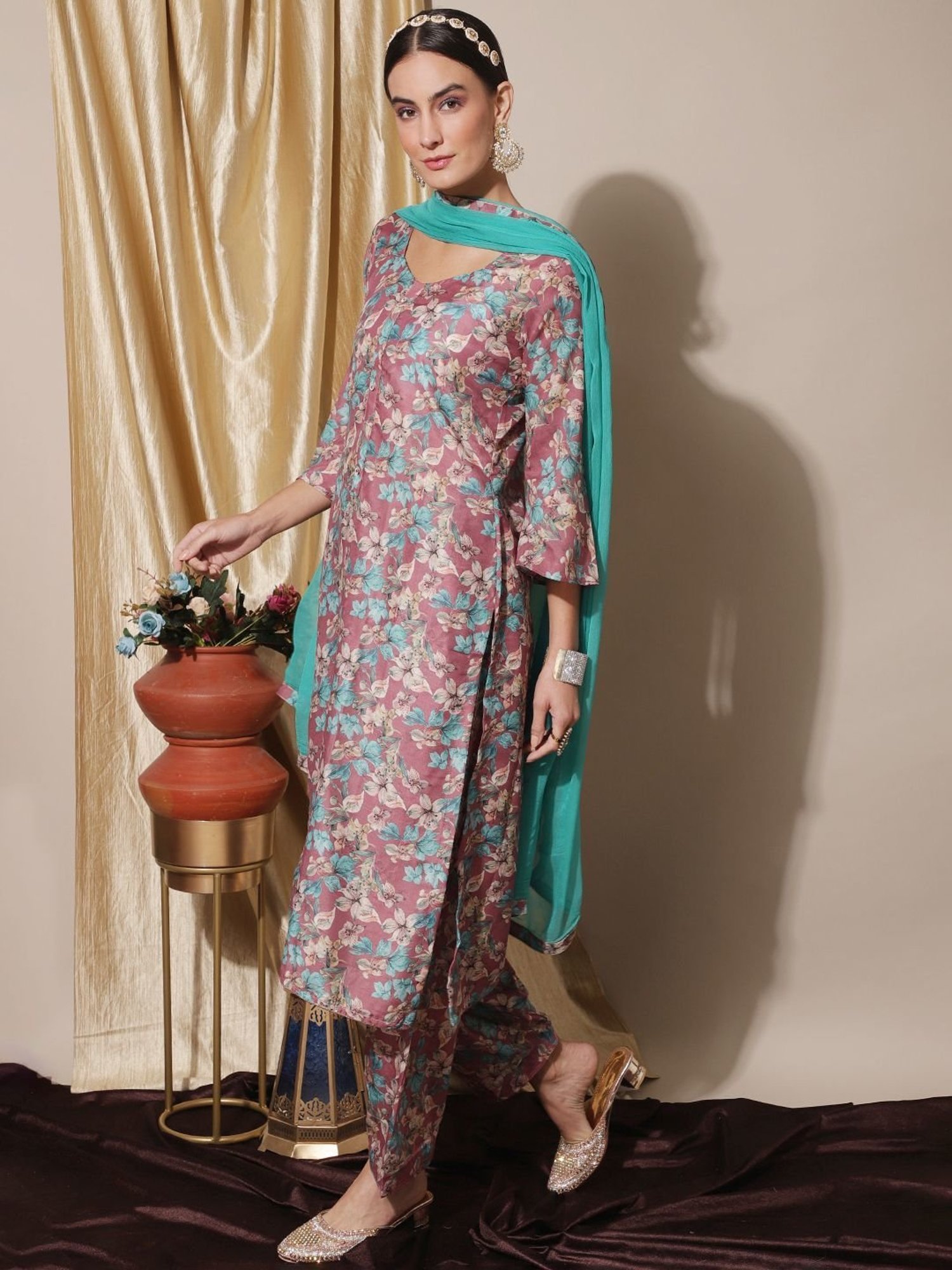 Stylee LIFESTYLE Pink Printed Unstitched Dress Material